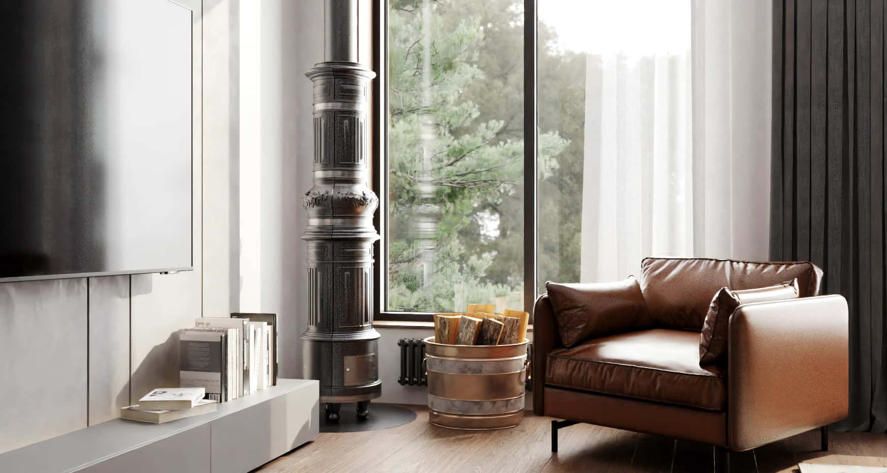 Wnętrze w stylu chalet z ciemnym drewnem i kamieniem, projekt domu 2026.