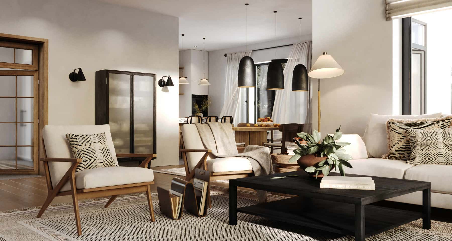 Beżowe wnętrze domu w stylu neoklasycznym z naturalnymi materiałami 2026