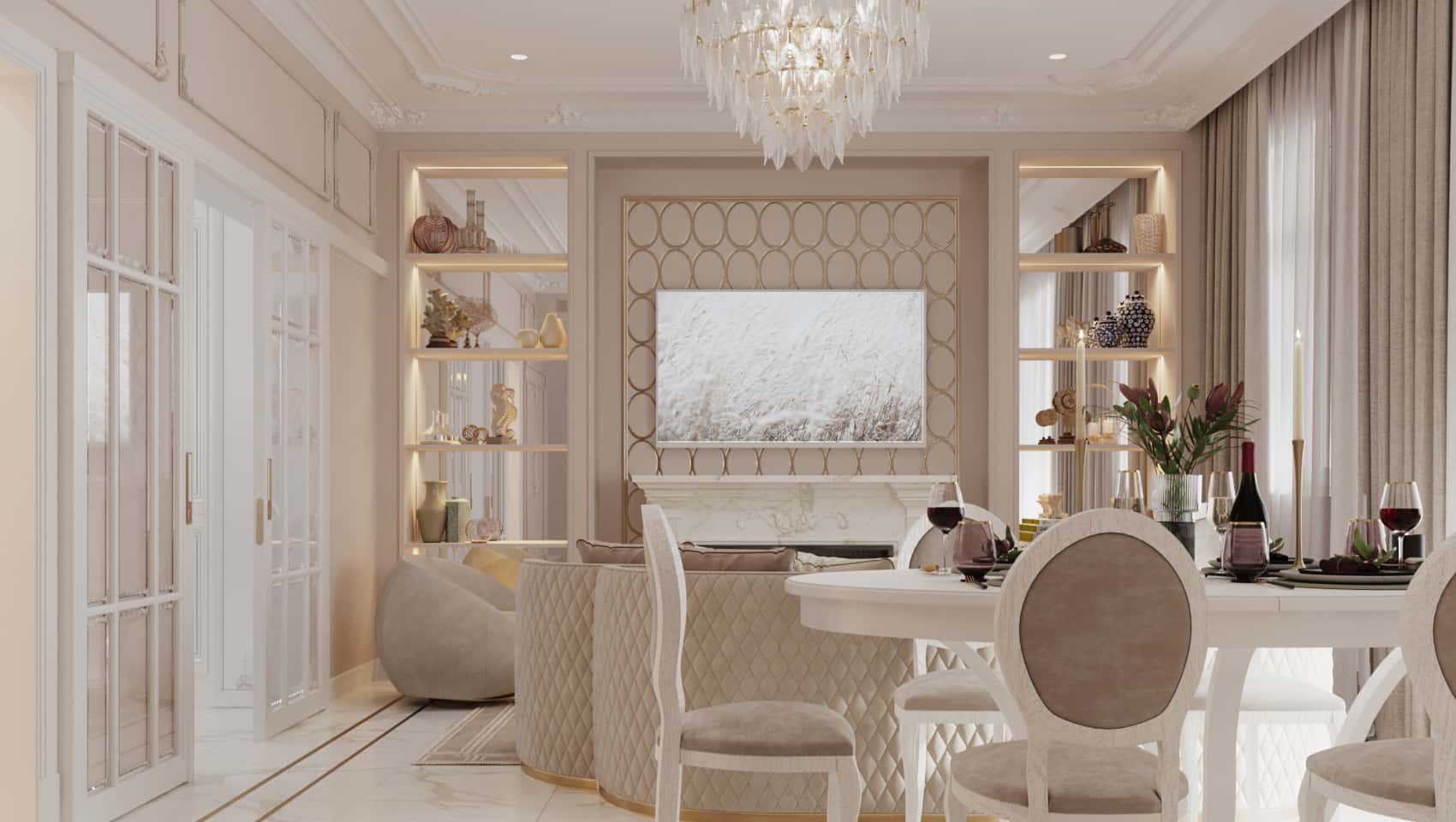 Eleganckie beżowe wnętrze domu w stylu neoklasycznym 2026 z naturalnymi akcentami.