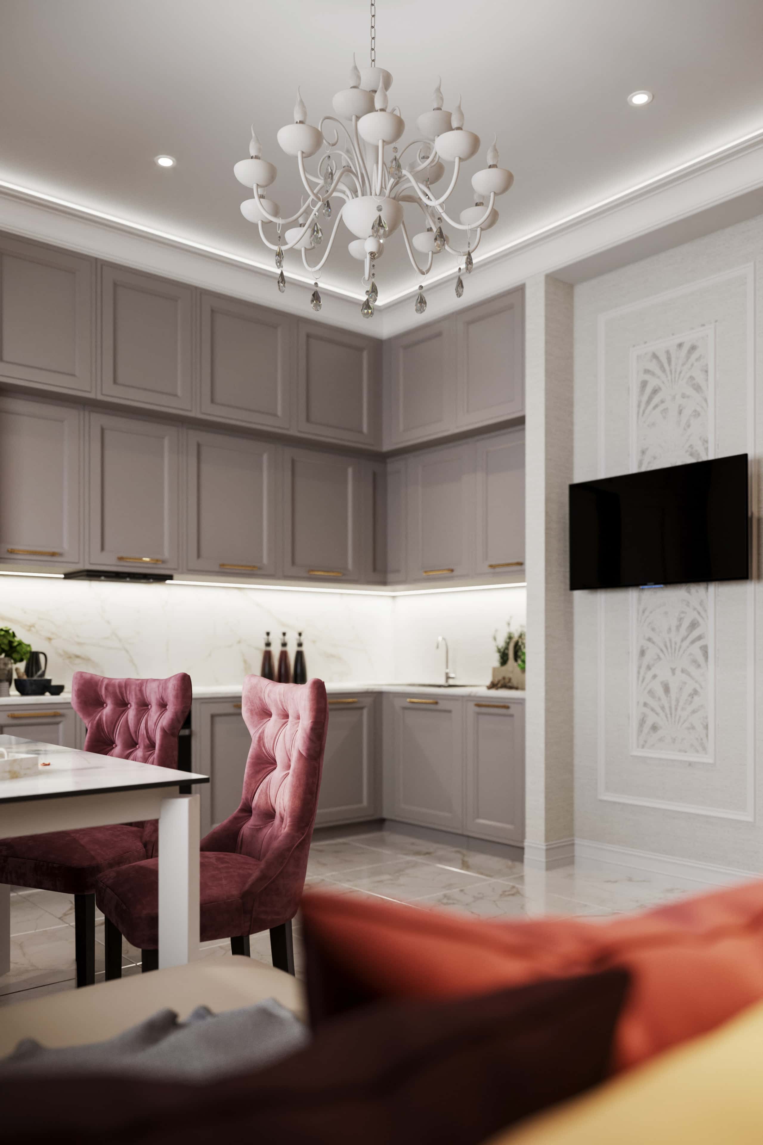 Beżowe wnętrze domu w stylu neoklasycznym z naturalnymi materiałami w 2026 roku.