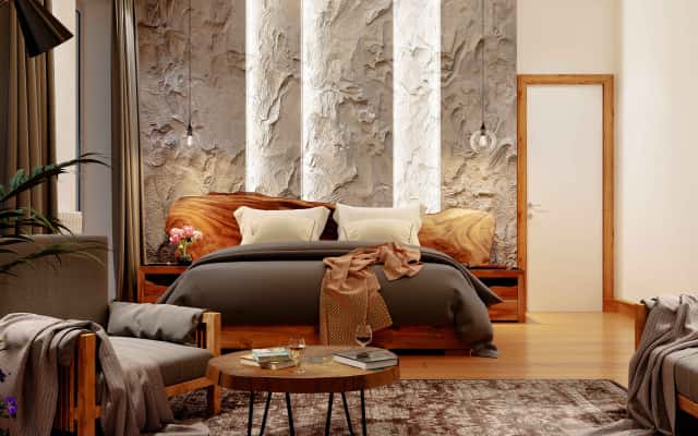 Beżowe wnętrze domu 2026 z akcentami naturalnych materiałów i roślin.