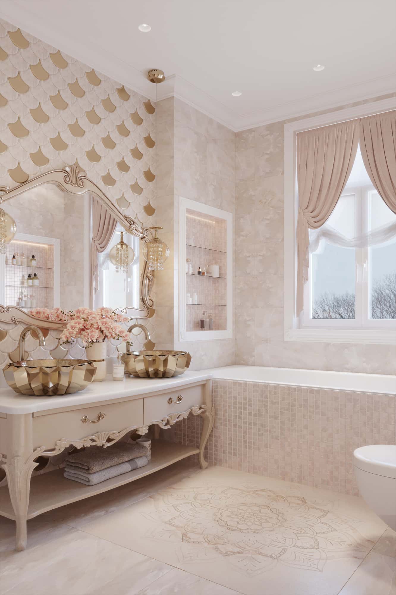 Beżowe wnętrze domu 2026 w stylu neoklasycznym z naturalnymi materiałami.