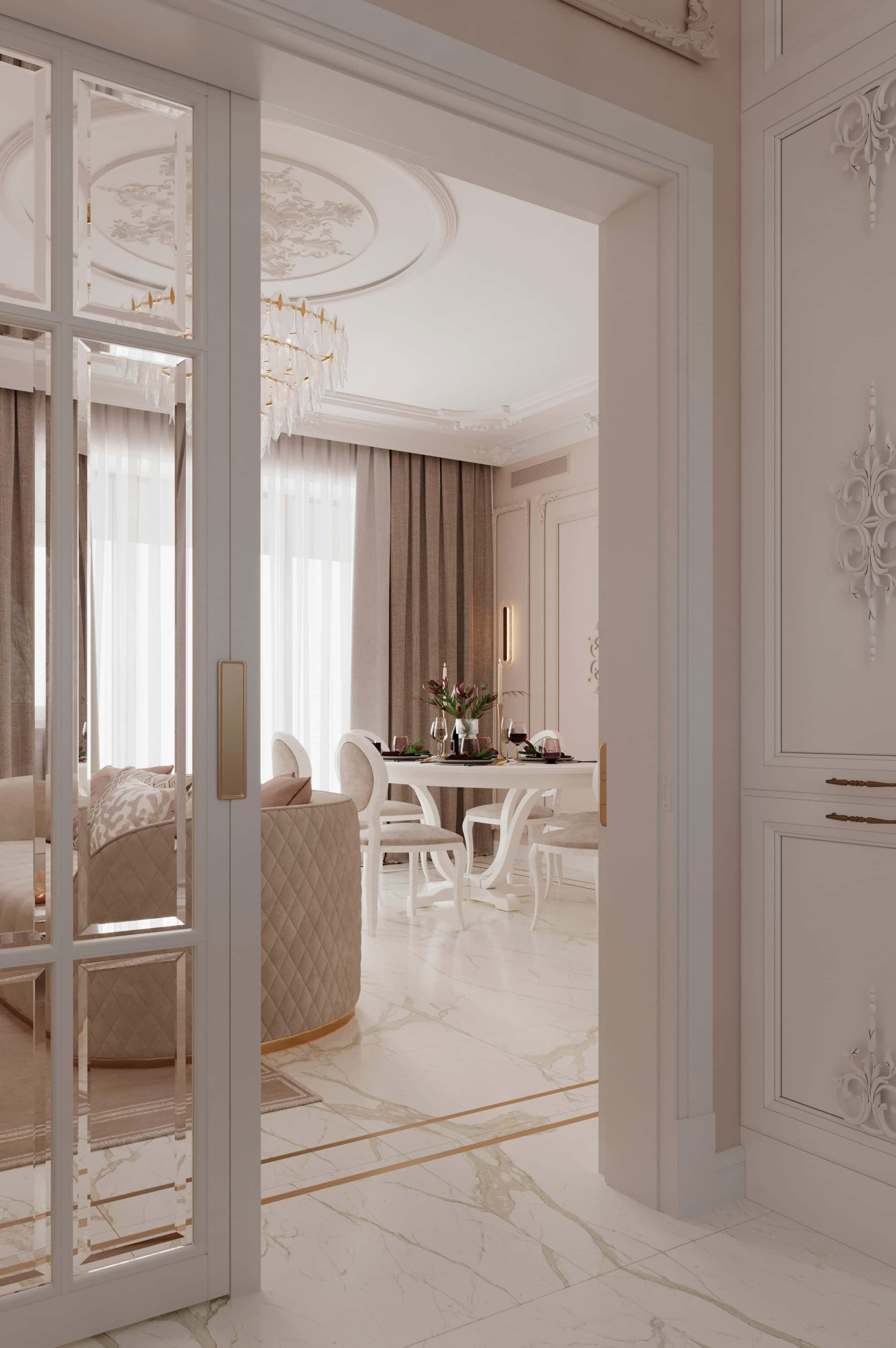 Projekt beżowego wnętrza domu na rok 2026 z elementami stylu neoklasycznego.