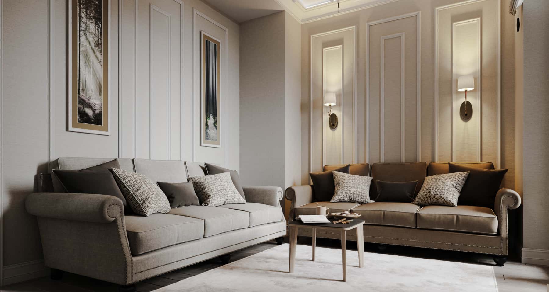 Beżowe wnętrze domu 2026 z wykorzystaniem naturalnych materiałów w stylu neoklasycznym.