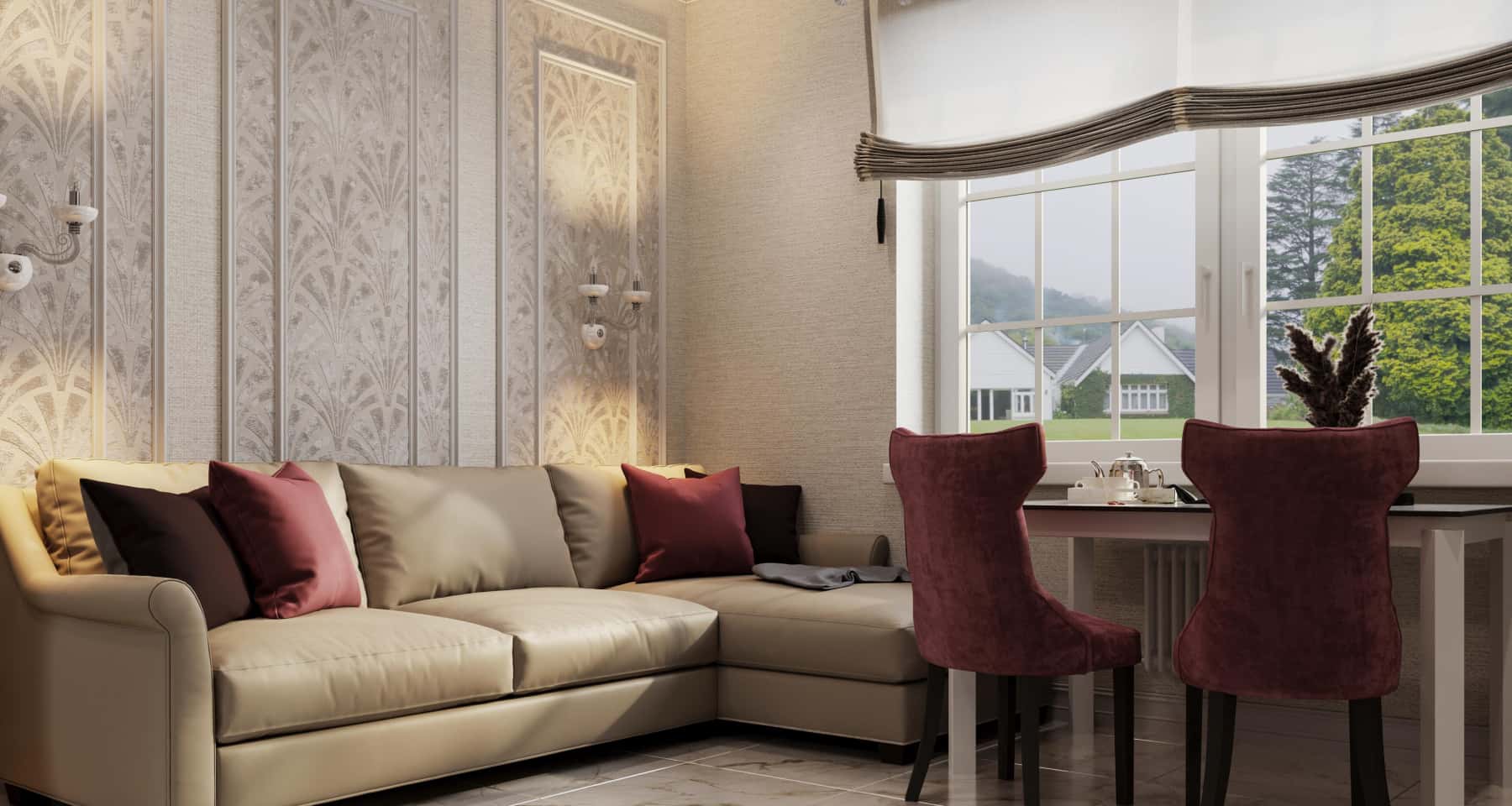 Eleganckie beżowe wnętrze domu 2026 z elementami naturalnymi i inspiracją stylem neoklasycznym.