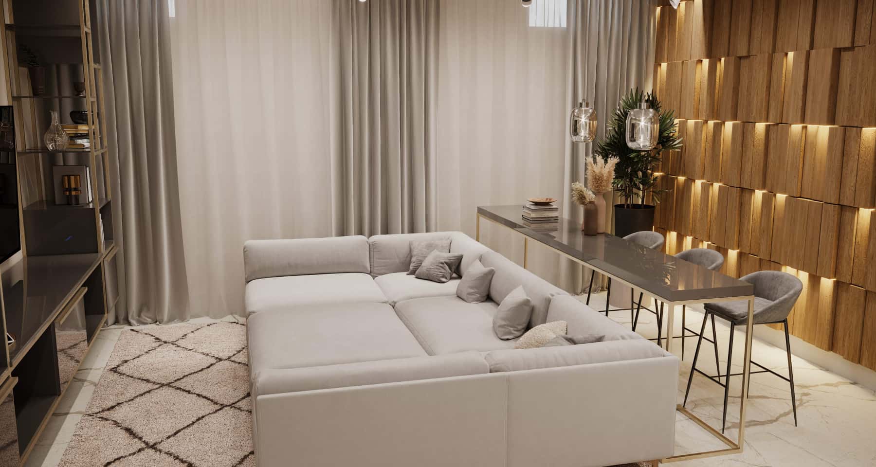 Beżowe wnętrza w stylu neoklasycznym 2026 z wykorzystaniem jasnych barw i naturalnych tkanin.