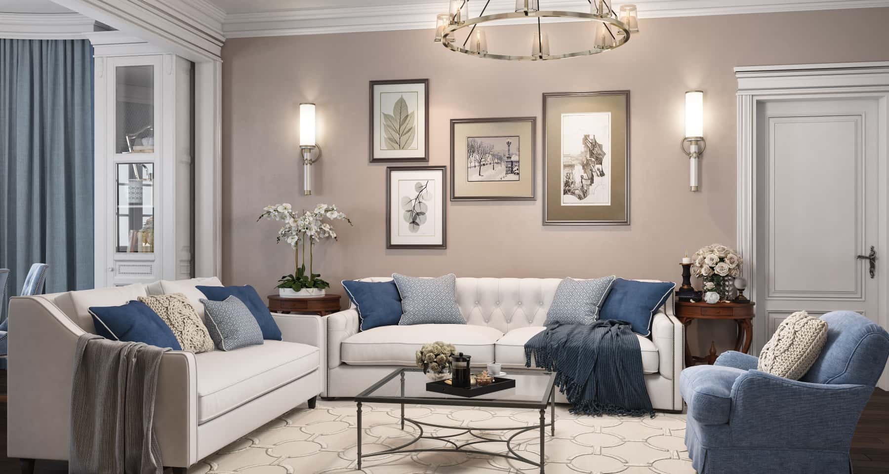 Jasny salon w minimalistycznym stylu z farbą akrylową na ścianach, 2026