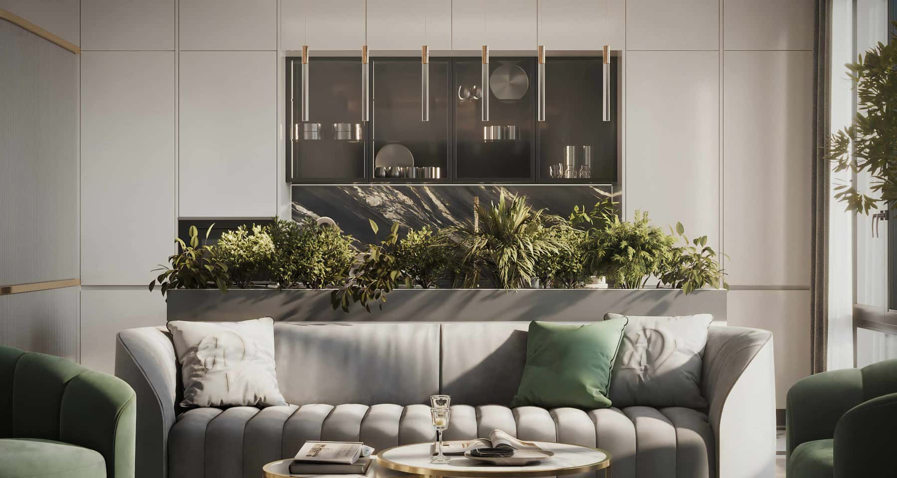 Nowoczesny jasny salon 2026: Minimalistyczne meble i oświetlenie w białych odcieniach.