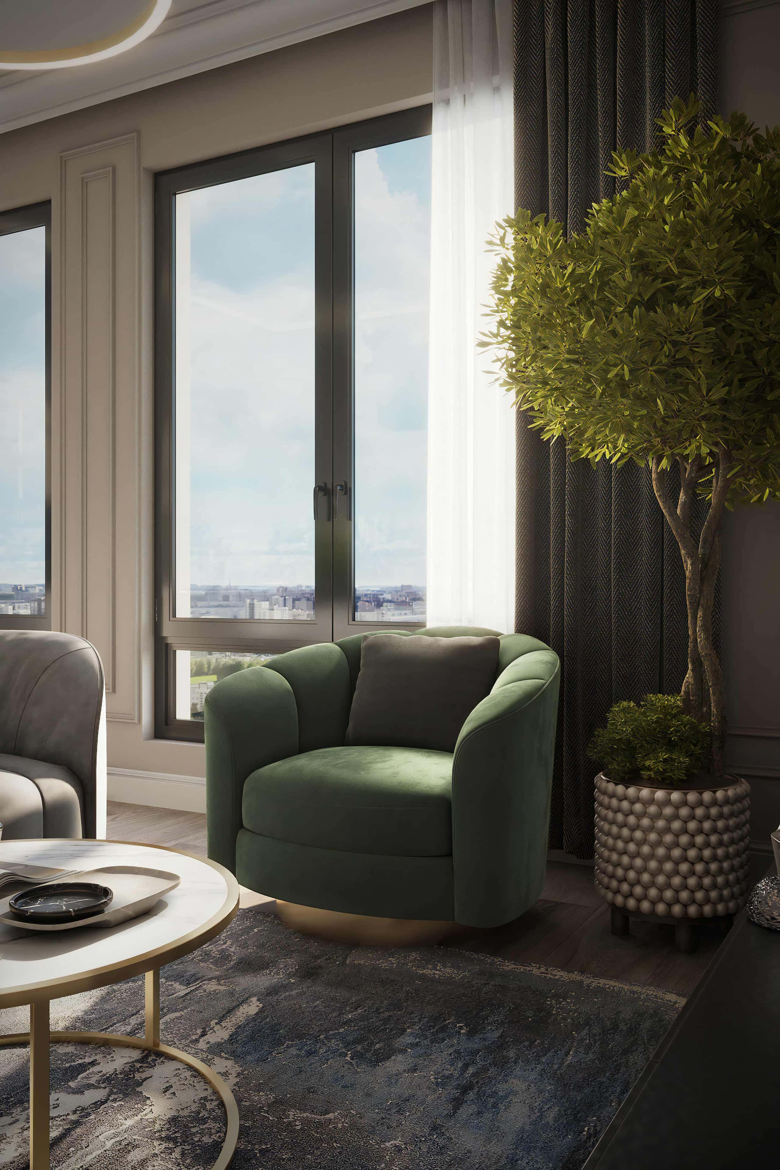 Projekt jasnego salonu w małym mieszkaniu z elementami stylu minimalistycznego.