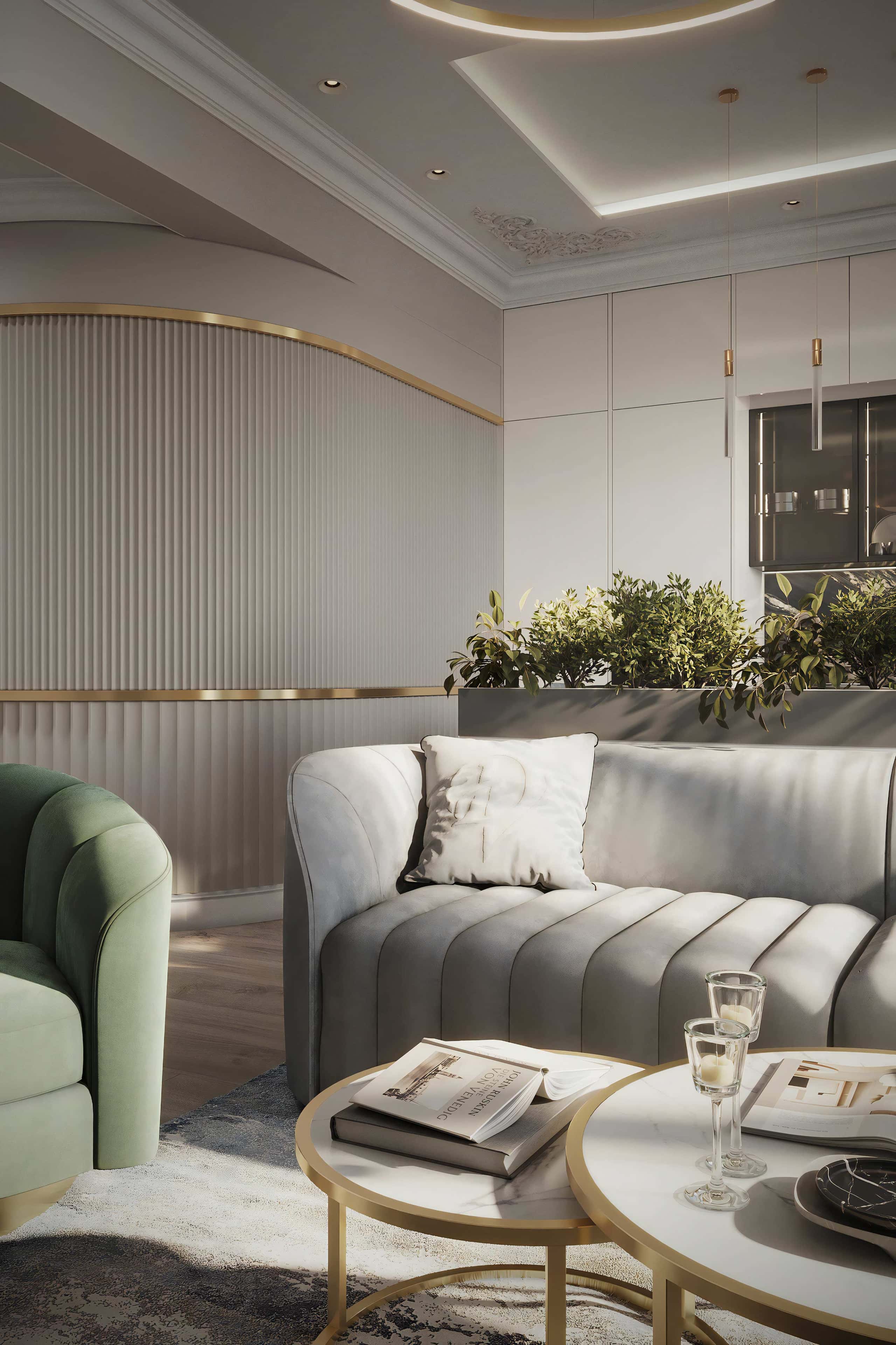 Jasny salon 2026: Minimalistyczny design z elementami roślinnymi, dodającymi świeżości.