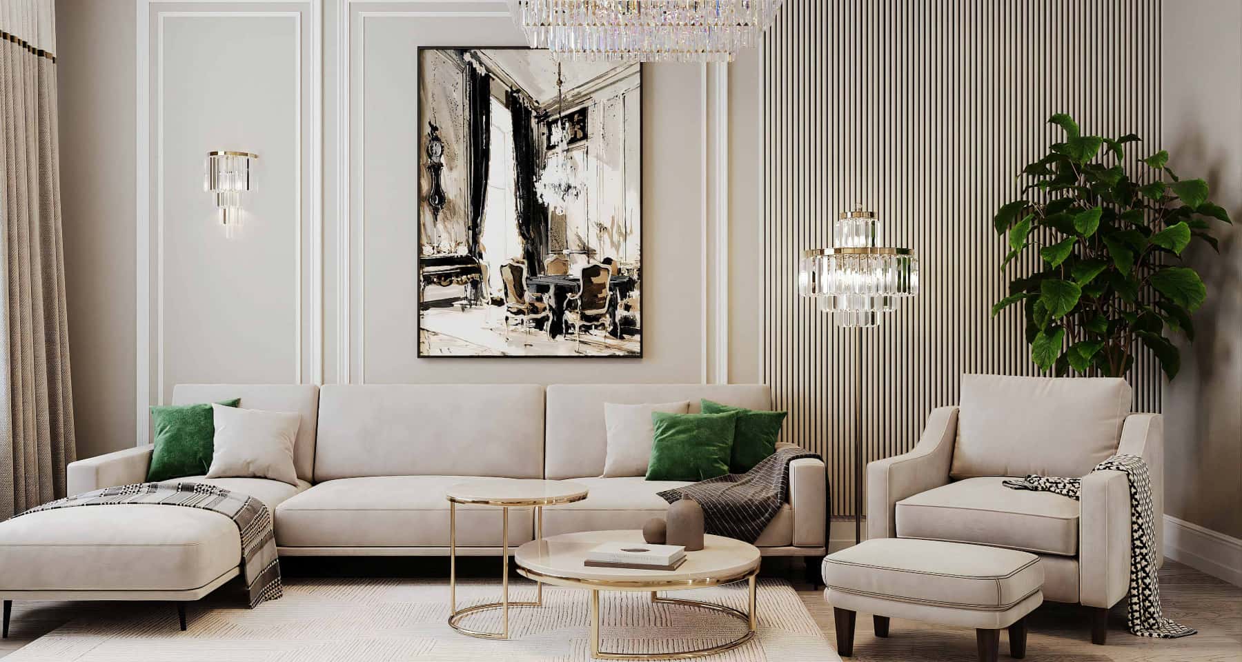 Jasny salon w 2026 roku: Minimalistyczny dizajn w odcieniach bieli i szarości.