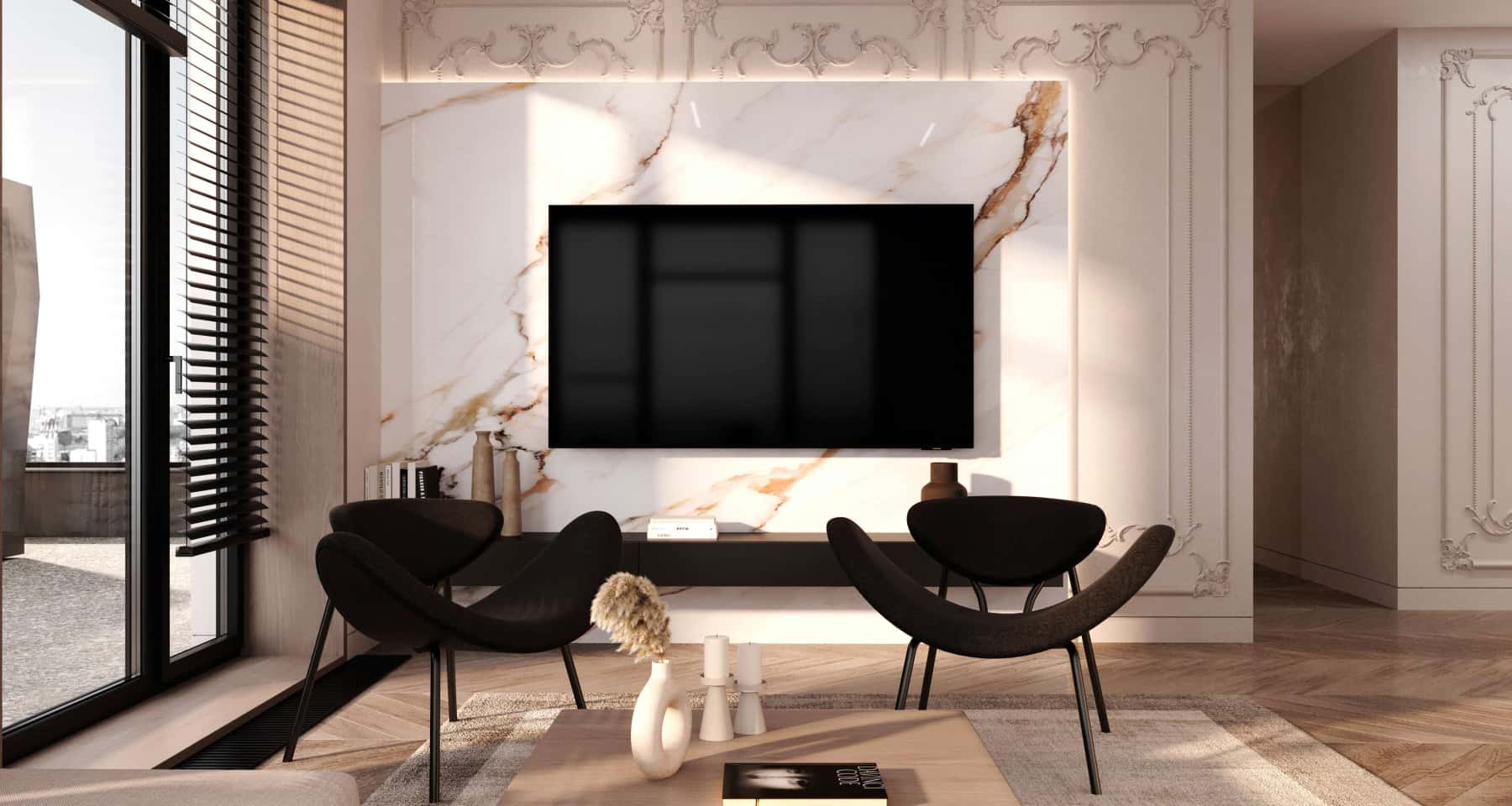 Jasny salon w 2026 roku: minimalistyczny design z akcentami farby akrylowej.