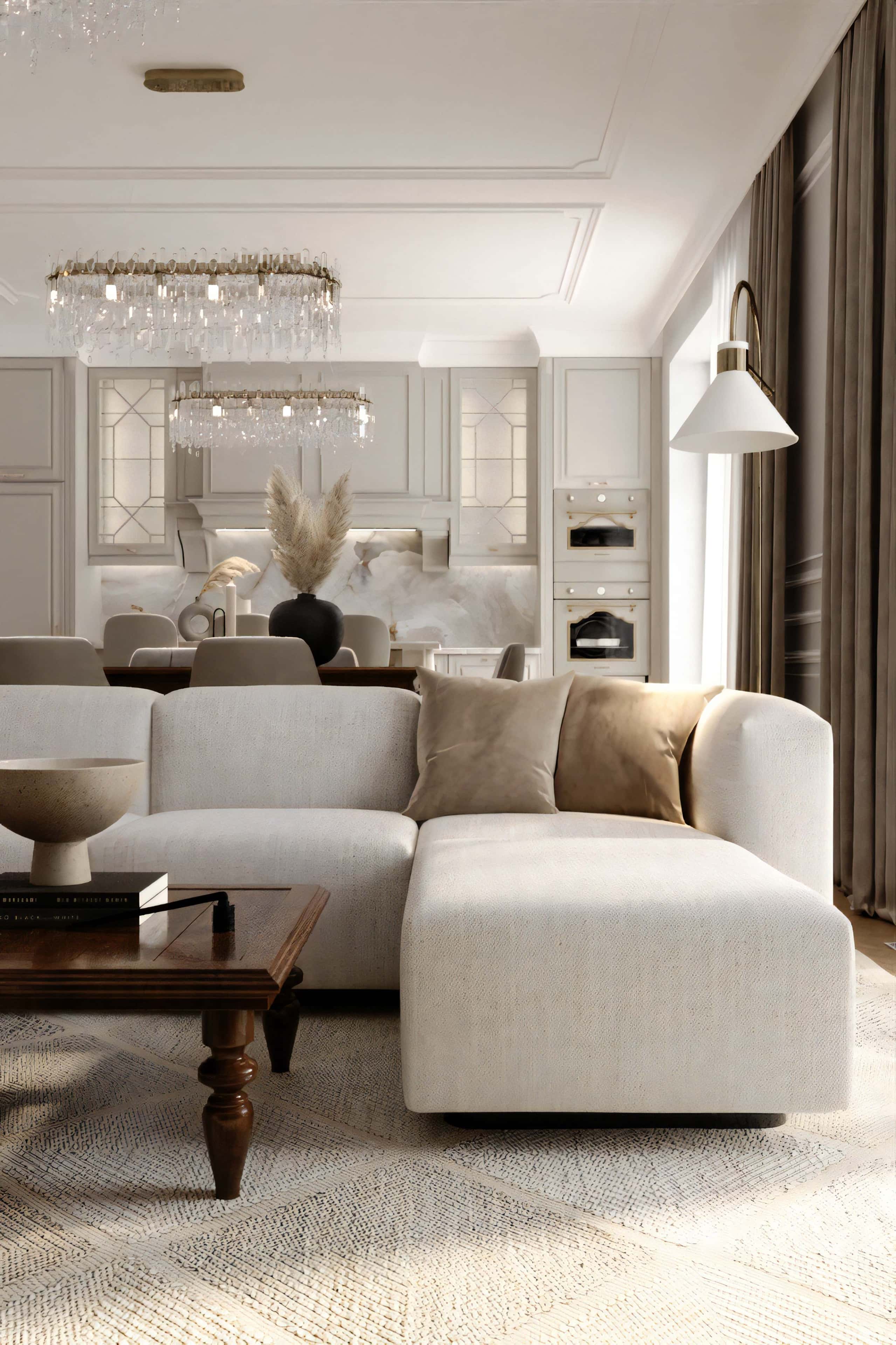 Jasny salon w 2026 roku: minimalistyczny design z akcentami drewna i farby akrylowej.