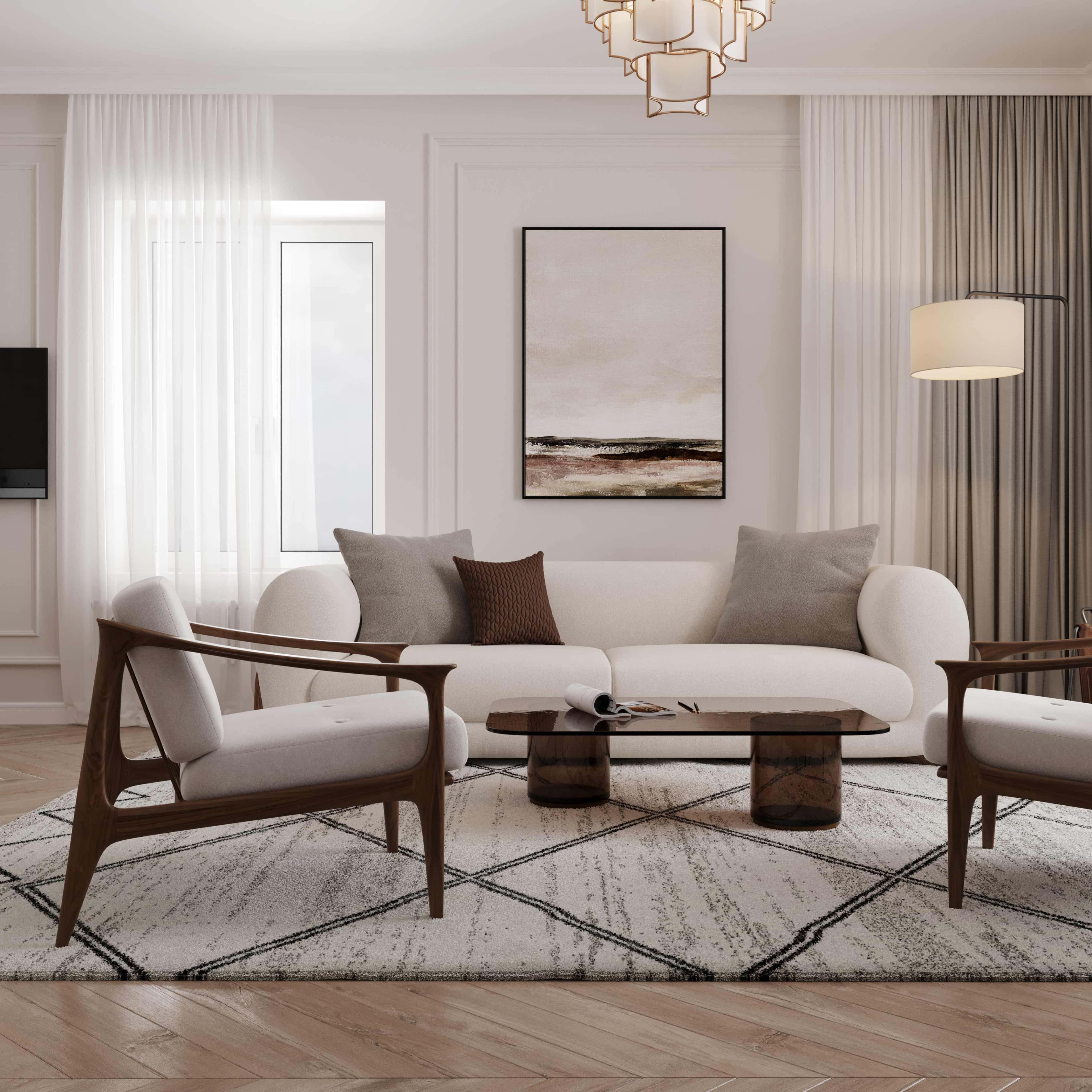 Nowoczesny design jasnego salonu w 2026: minimalistyczny styl i funkcjonalne meble.