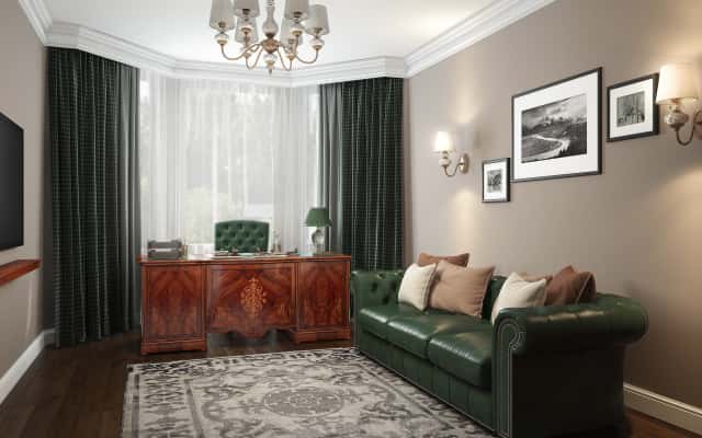 Biuro w dwupiętrowym domu z biurkiem i krzesłem ergonomicznym w stylu nowoczesnym