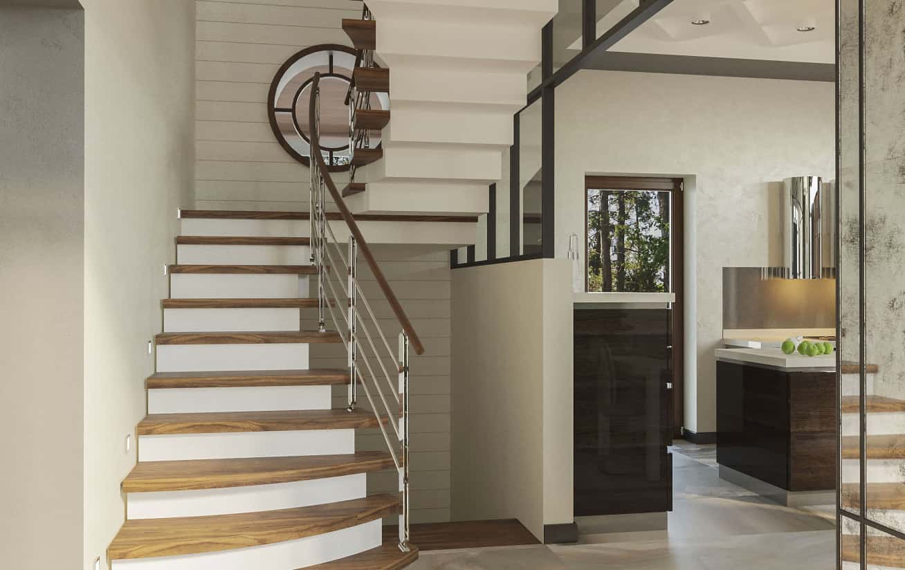 Nowoczesny dizajn wnętrza dwupiętrowego domu z welurowymi panelami ściennymi 2026.