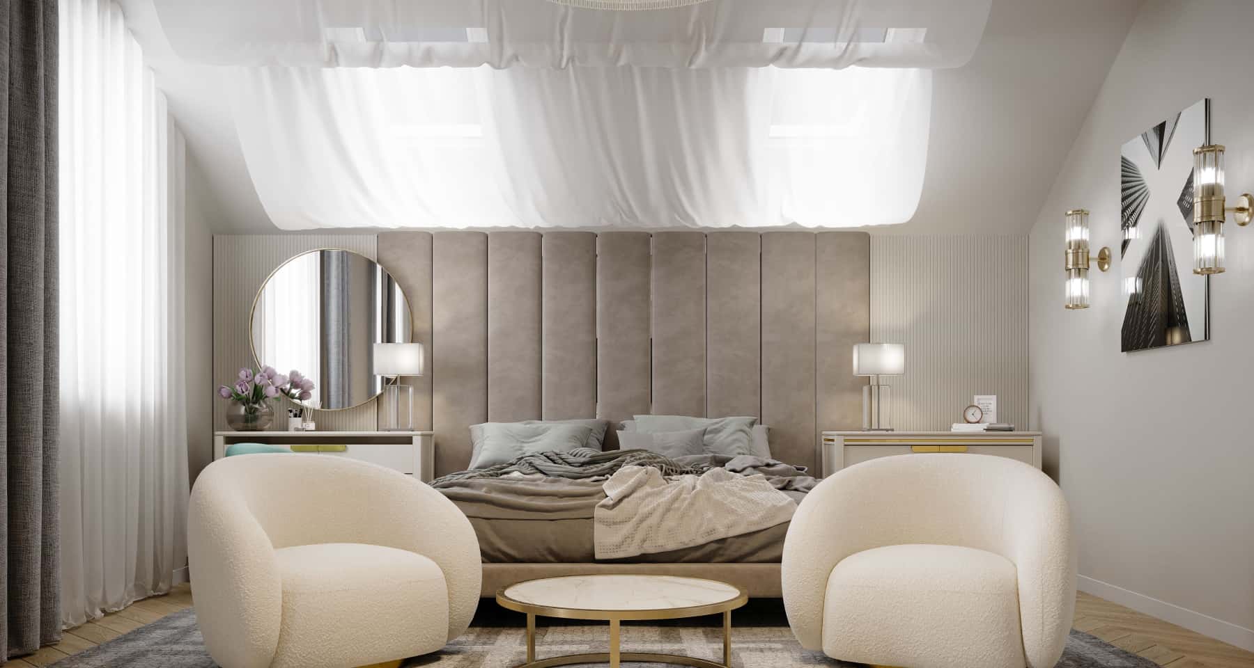 Salon w dwupiętrowym domu: nowoczesny styl, komfortowe meble i welurowe akcenty.