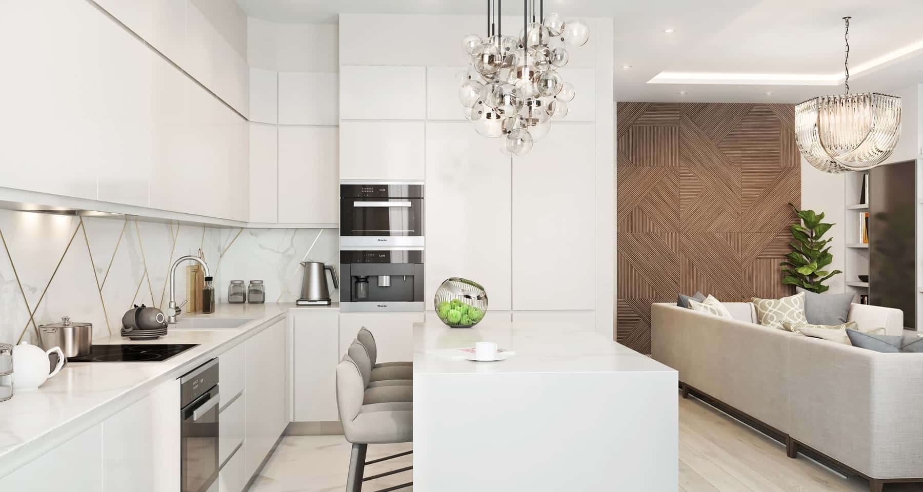 Aranżacja kuchni z salonem z naciskiem na wydajną wentylację i nowoczesny design.