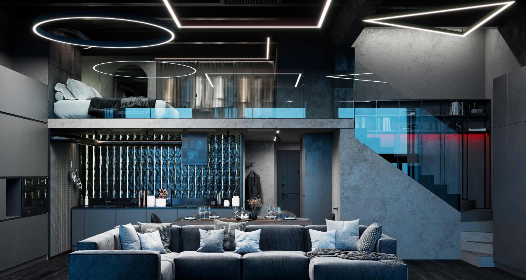 Czarne wnętrze mieszkania z betonem architektonicznym i oświetleniem LED. Loft męski.