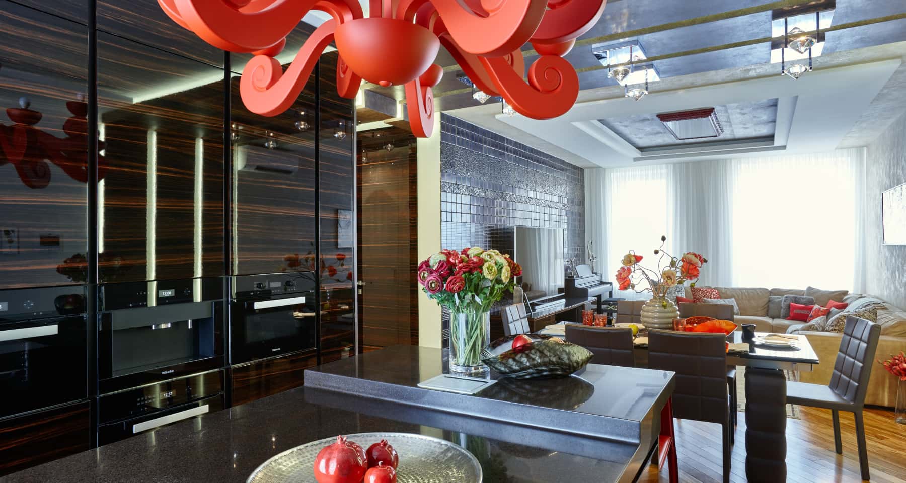 Minimalistyczne czarne wnętrze mieszkania z akcentami betonu architektonicznego