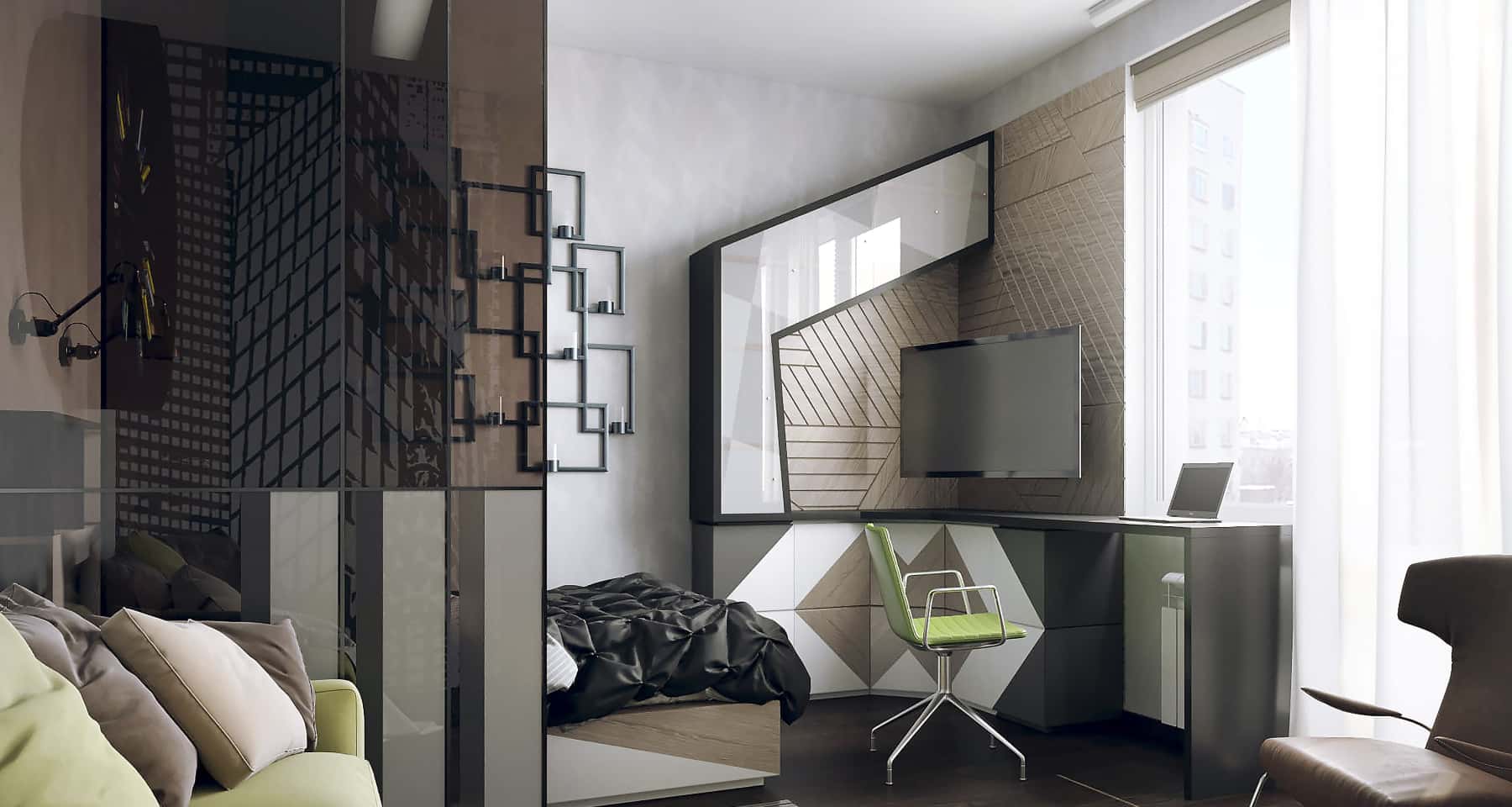 Eleganckie czarne wnętrze z oświetleniem LED i dekoracyjnym betonem architektonicznym