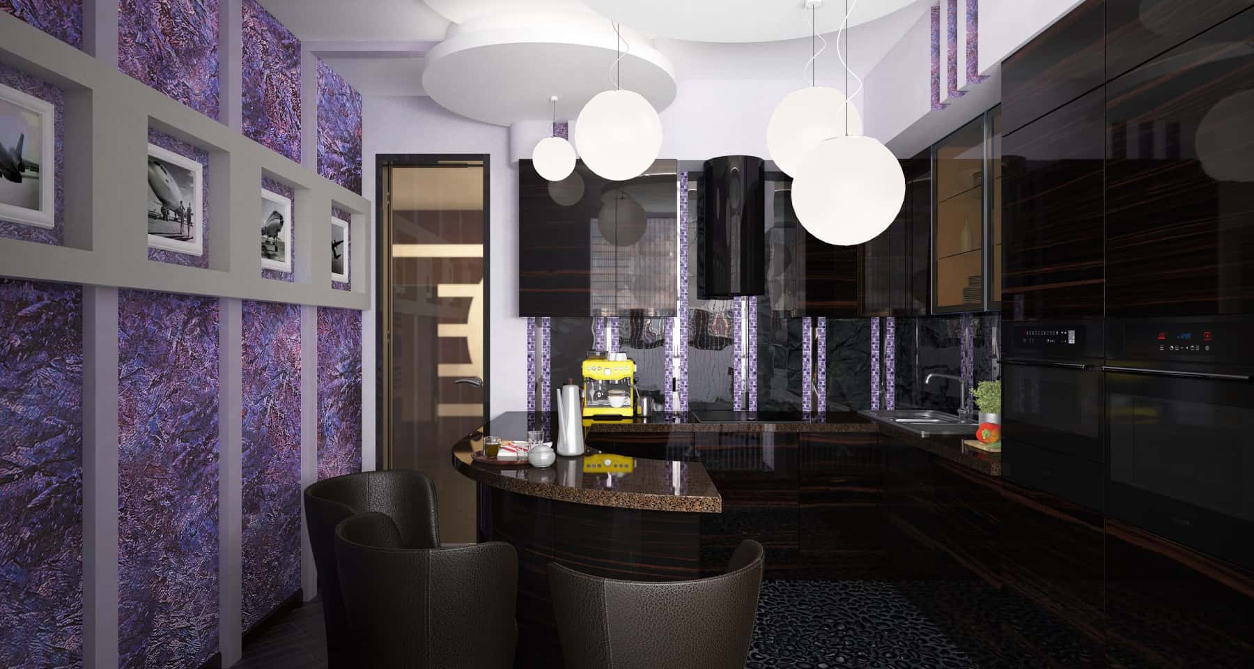 Minimalistyczne czarne wnętrze mieszkania z dużym oknem i naturalnym światłem.