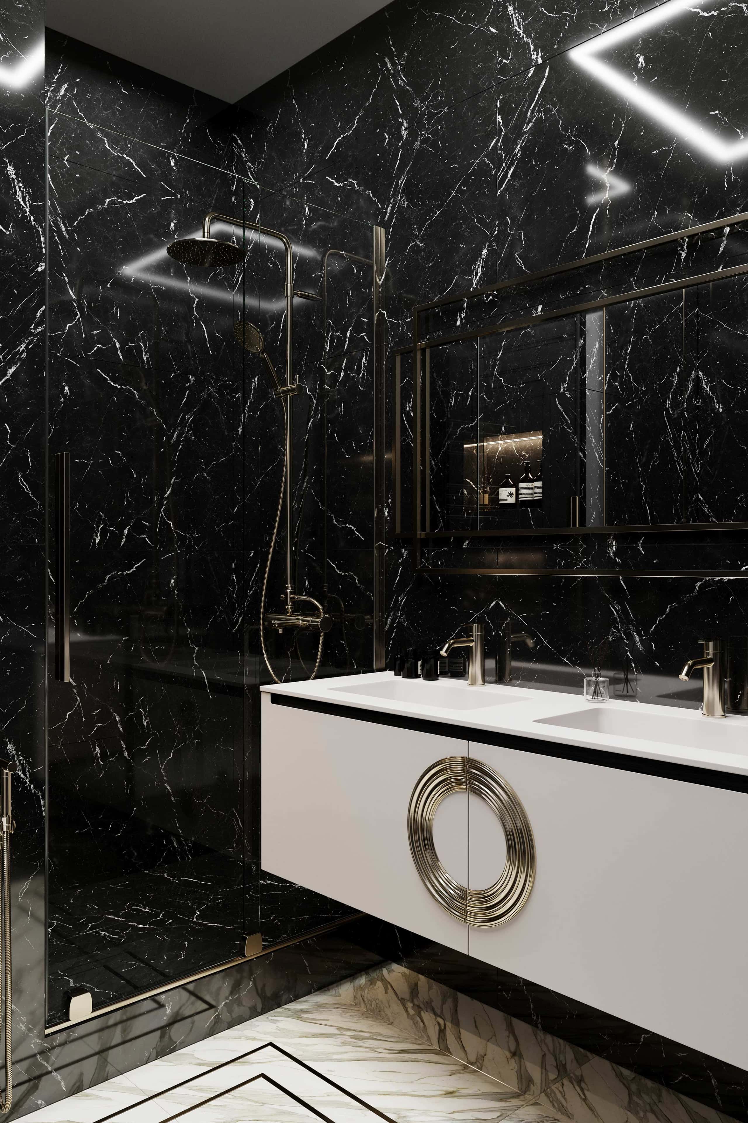 Czarne wnętrze mieszkania: połączenie betonu architektonicznego i nowoczesnego oświetlenia