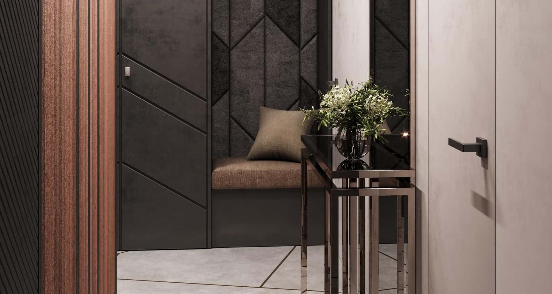 Nowoczesne czarne wnętrze mieszkania z elementami loftu i oświetleniem LED