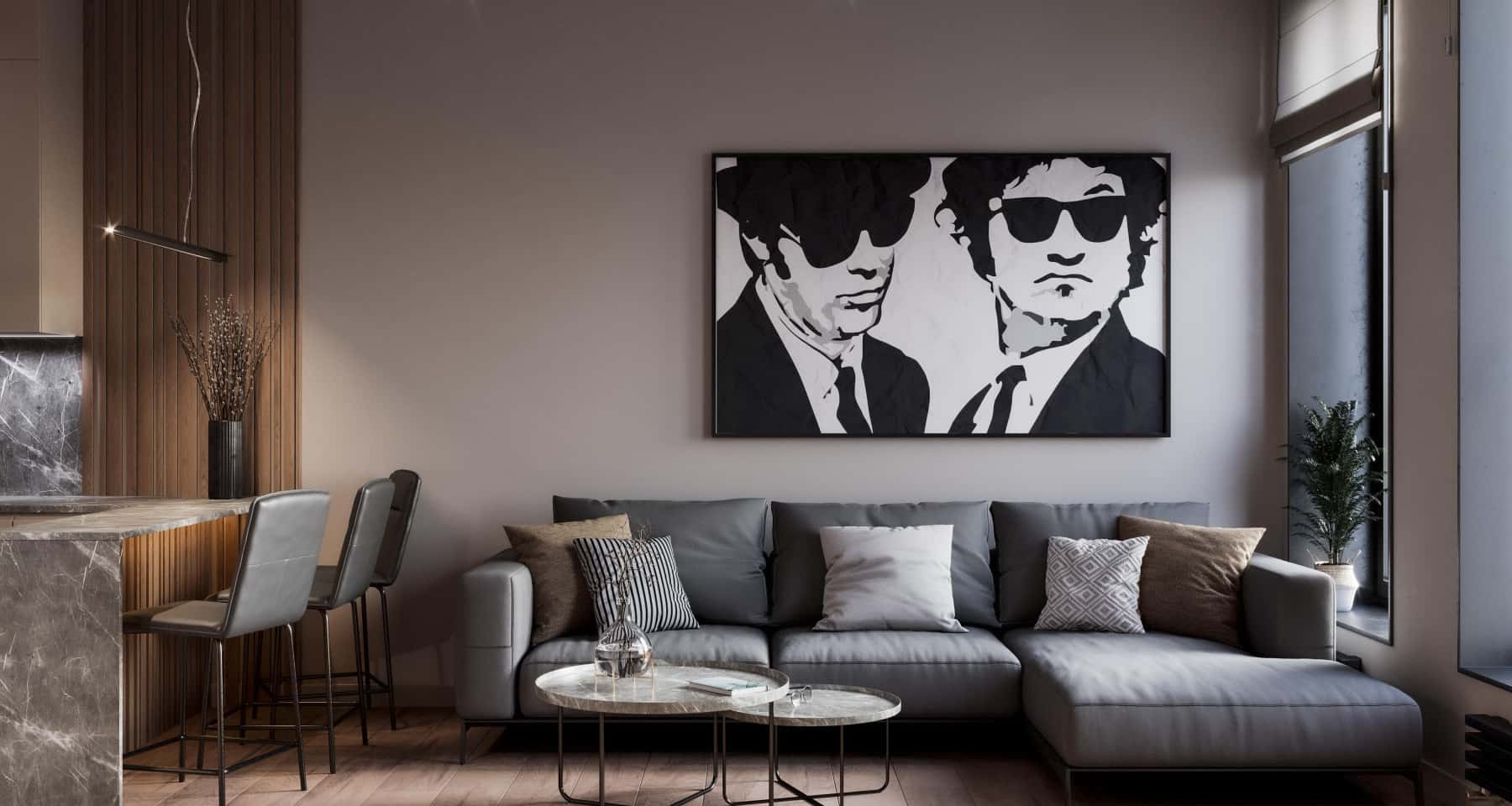 Eleganckie czarne wnętrze mieszkania z wykorzystaniem oświetlenia LED