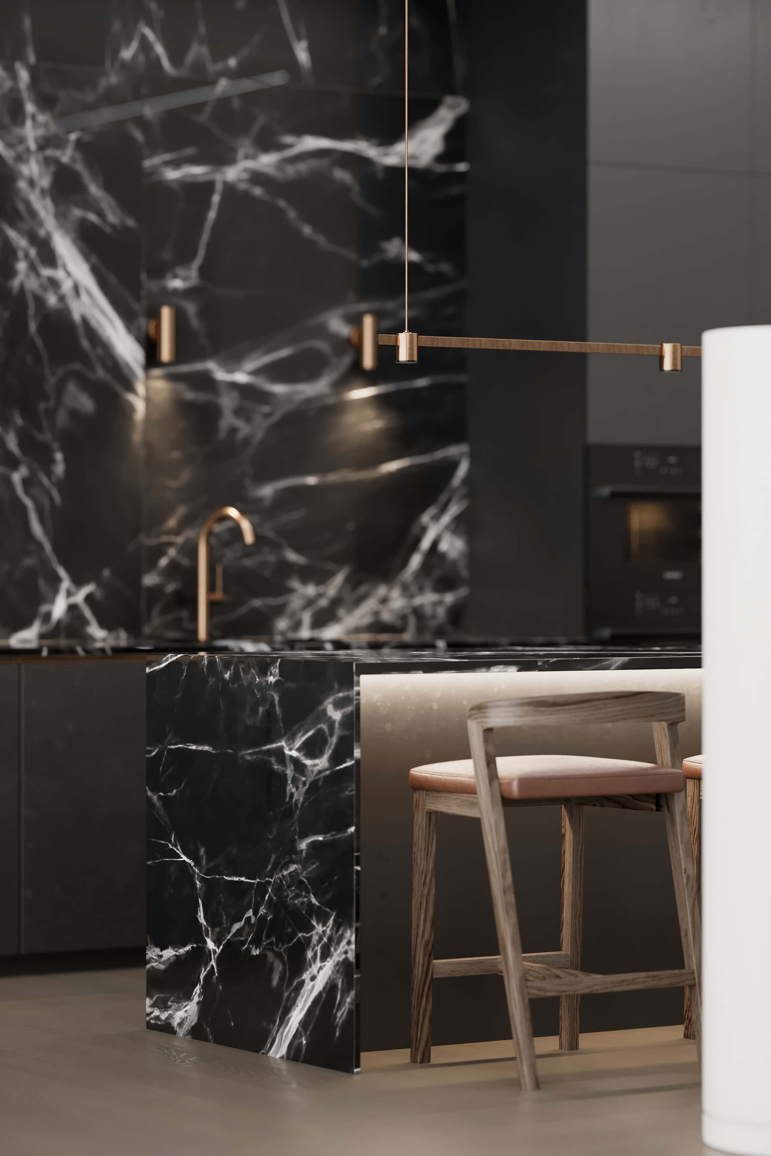 Aranżacja czarnego loftu z wykorzystaniem betonu architektonicznego i nowoczesnego oświetlenia LED.