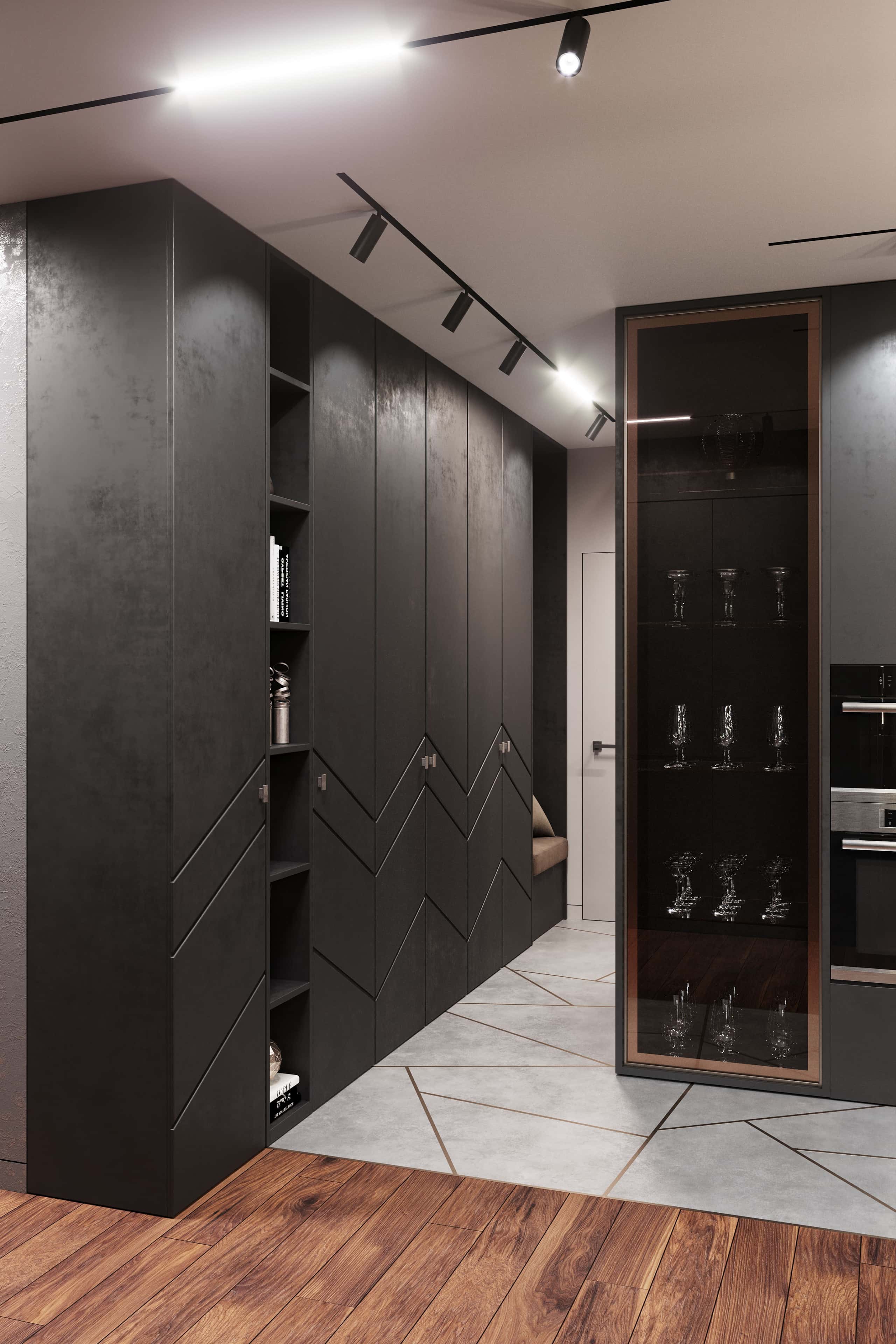 Czarne wnętrze mieszkania z betonem architektonicznym i oświetleniem LED