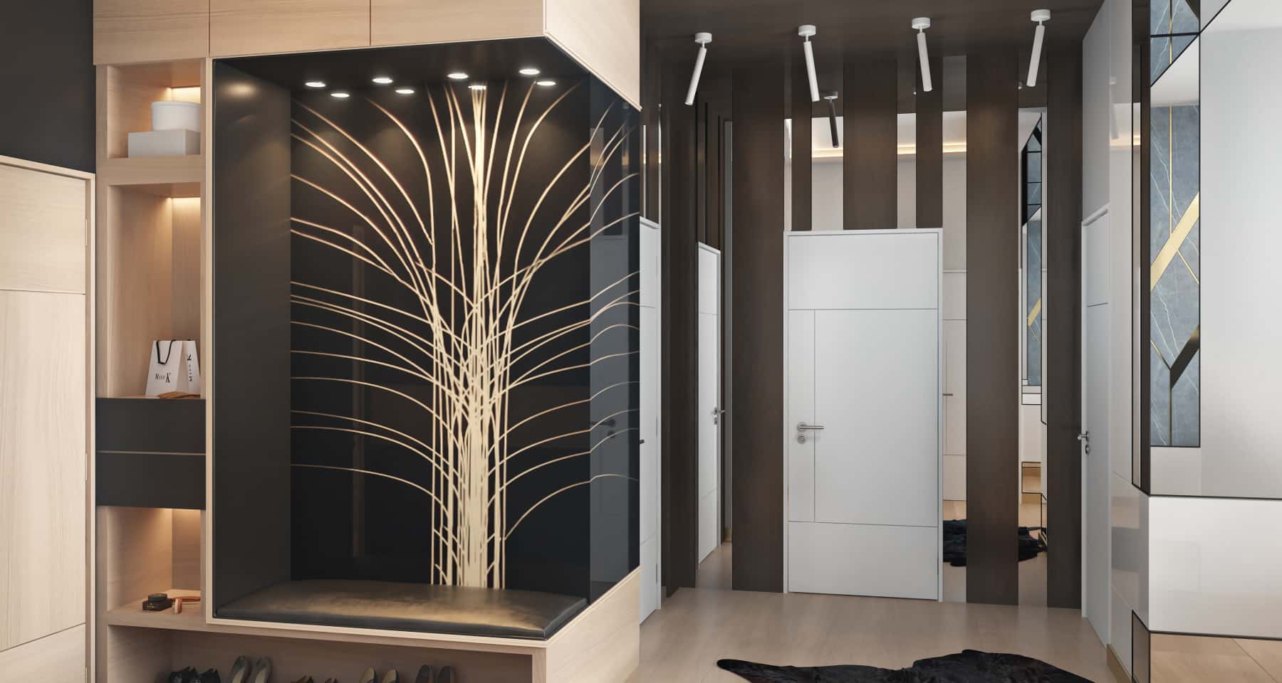 Loft w czerni z elementami metalu i surowego drewna.