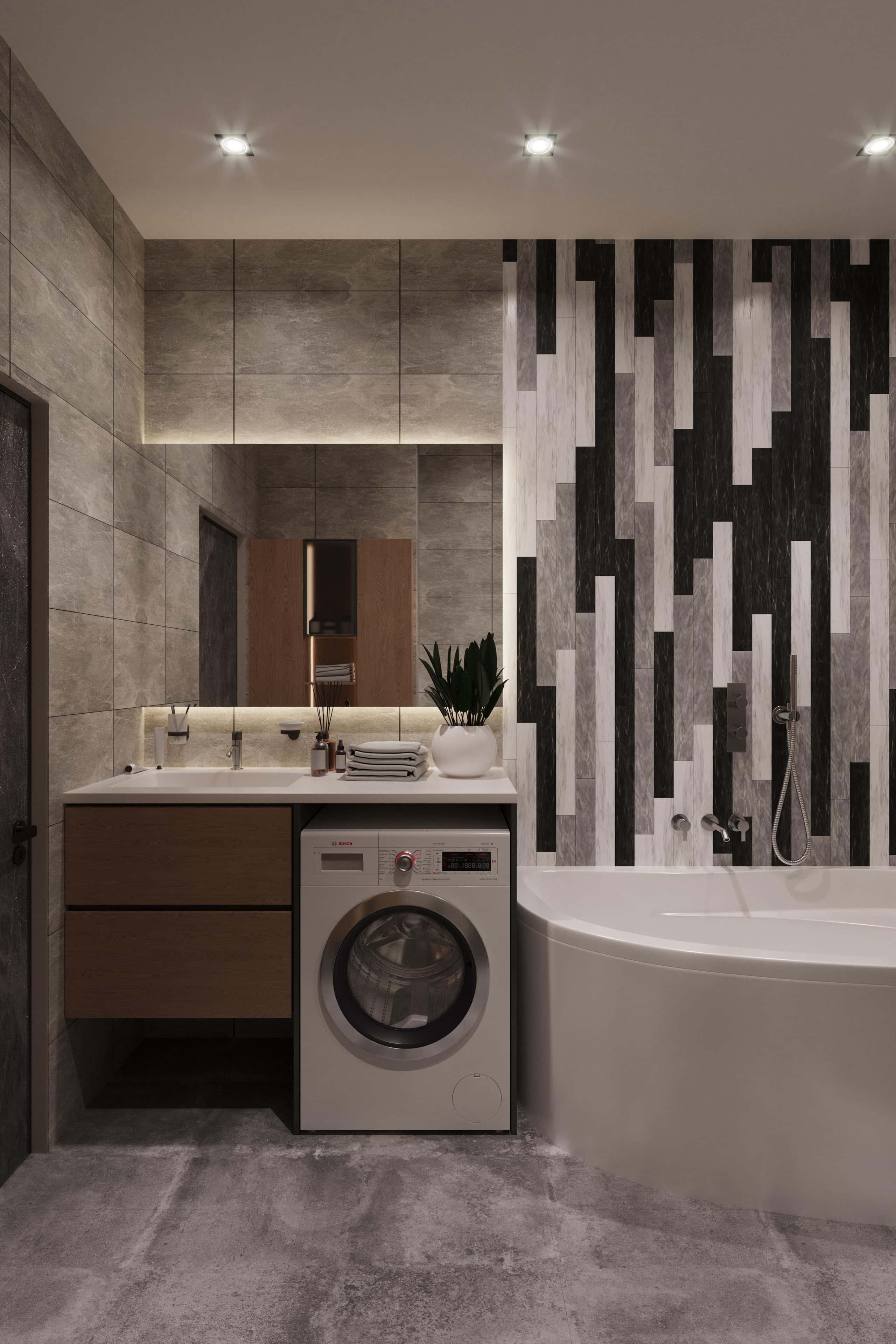 Czarna aranżacja wnętrza z wykorzystaniem betonu architektonicznego i LED