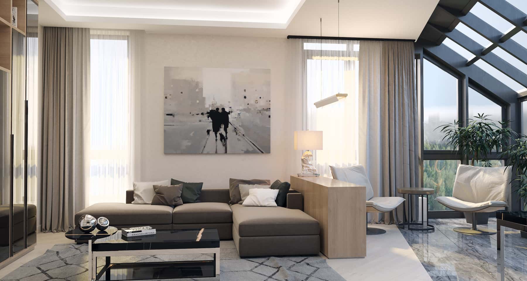 Czarne wnętrze z otwartą przestrzenią i dużym narożnikiem.