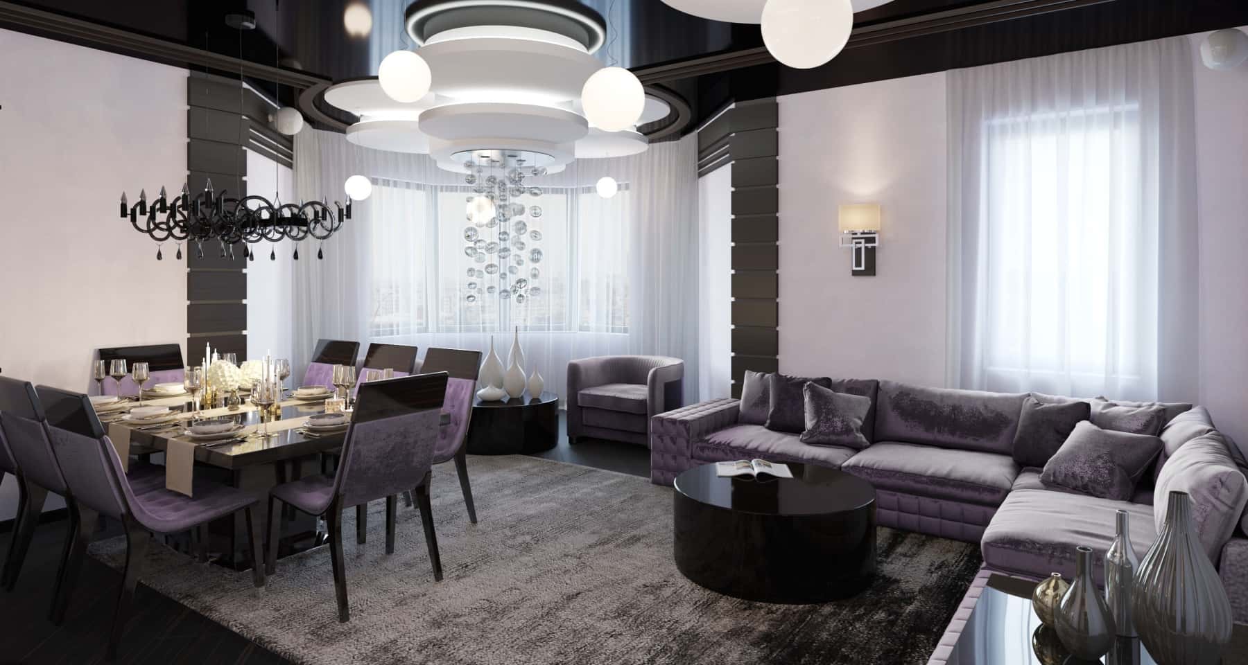 Eleganckie czarne wnętrze z akcentami złota i oświetleniem punktowym.