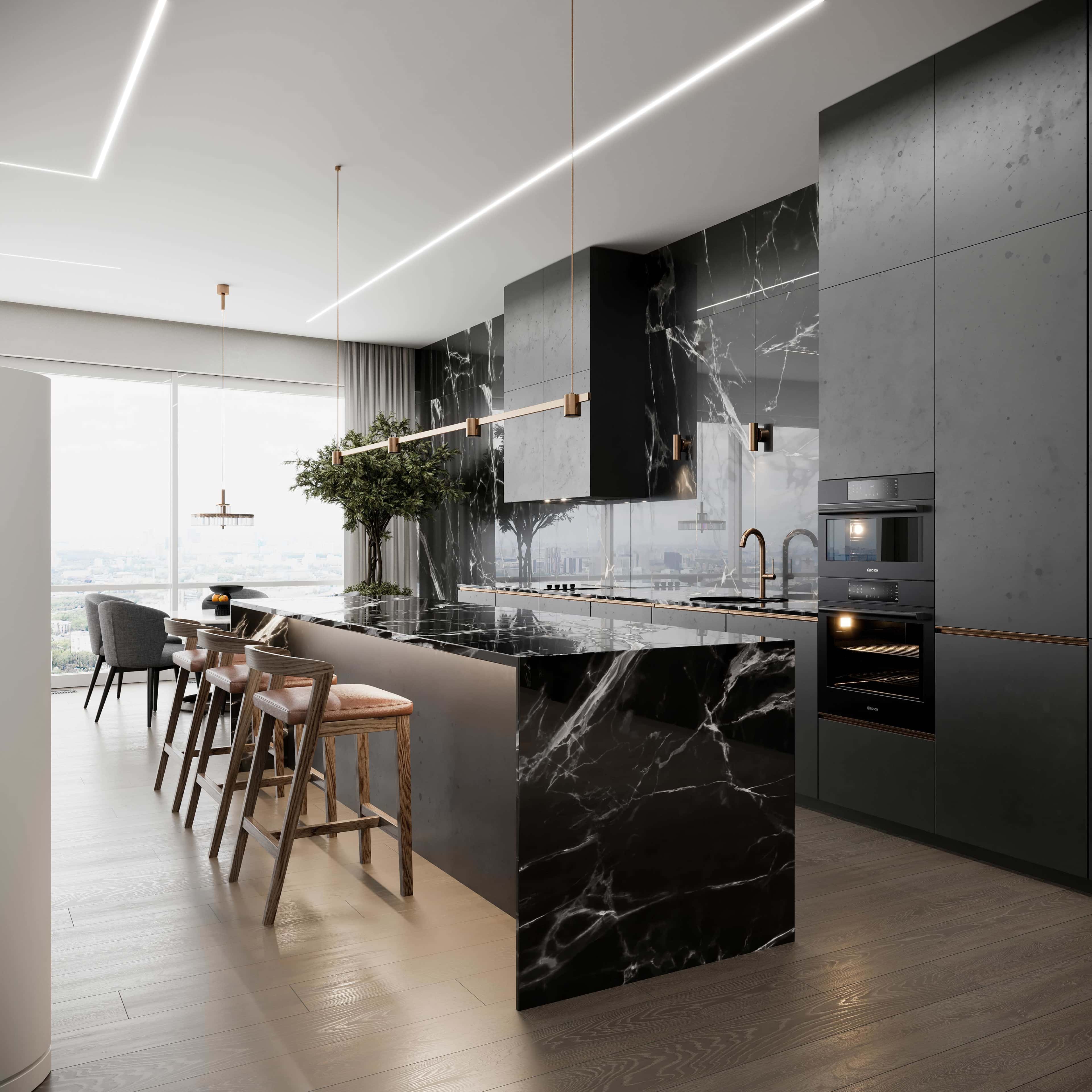 Designerskie czarne wnętrze z akcentami betonu architektonicznego i oświetleniem LED.