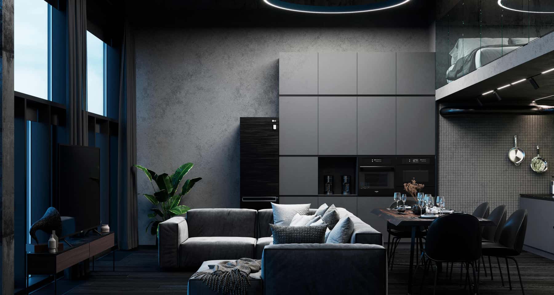 Aranżacja czarnego wnętrza: beton architektoniczny, oświetlenie LED i męski styl.