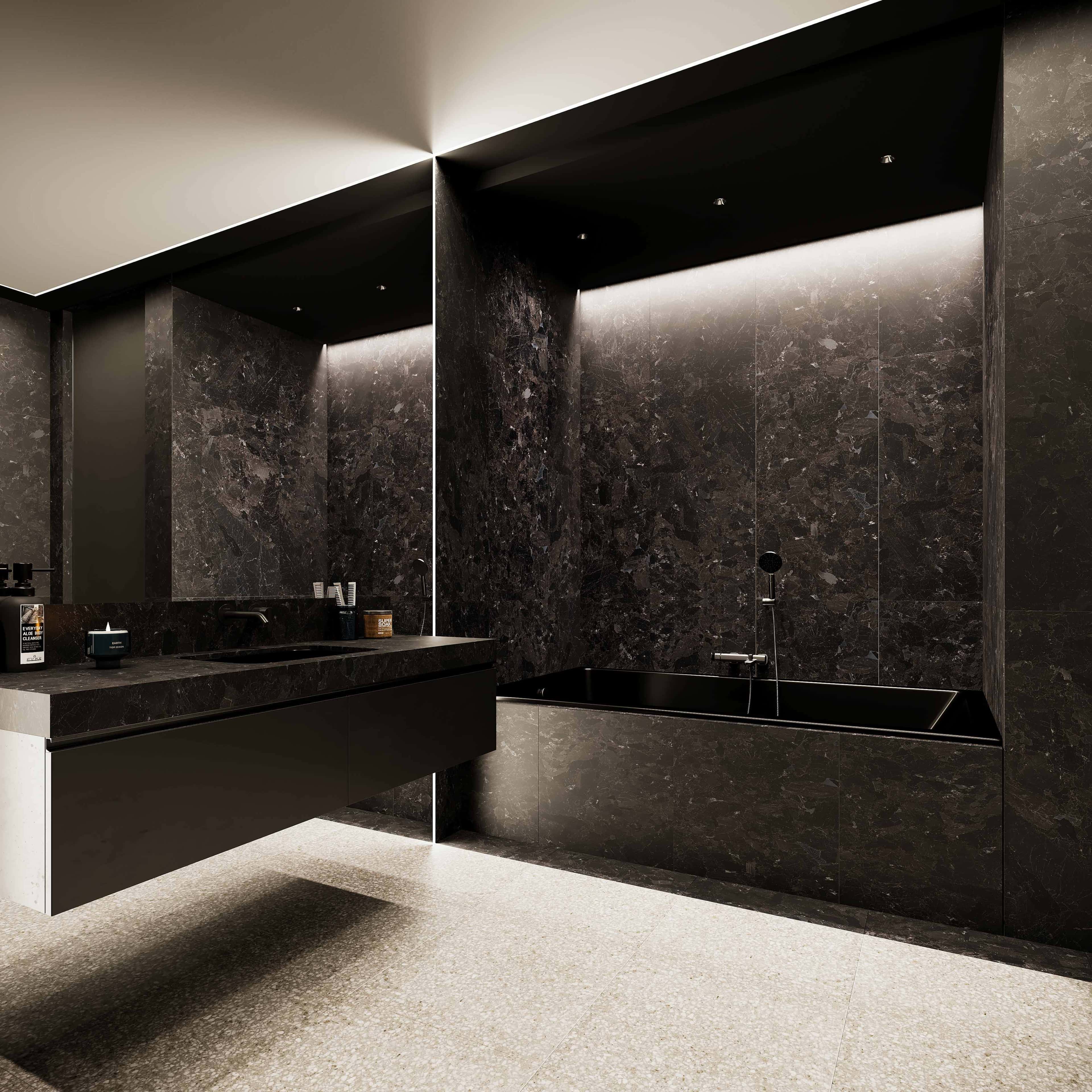 Czarne wnętrze: inspiracja betonem architektonicznym i nowoczesnym oświetleniem LED w mieszkaniu