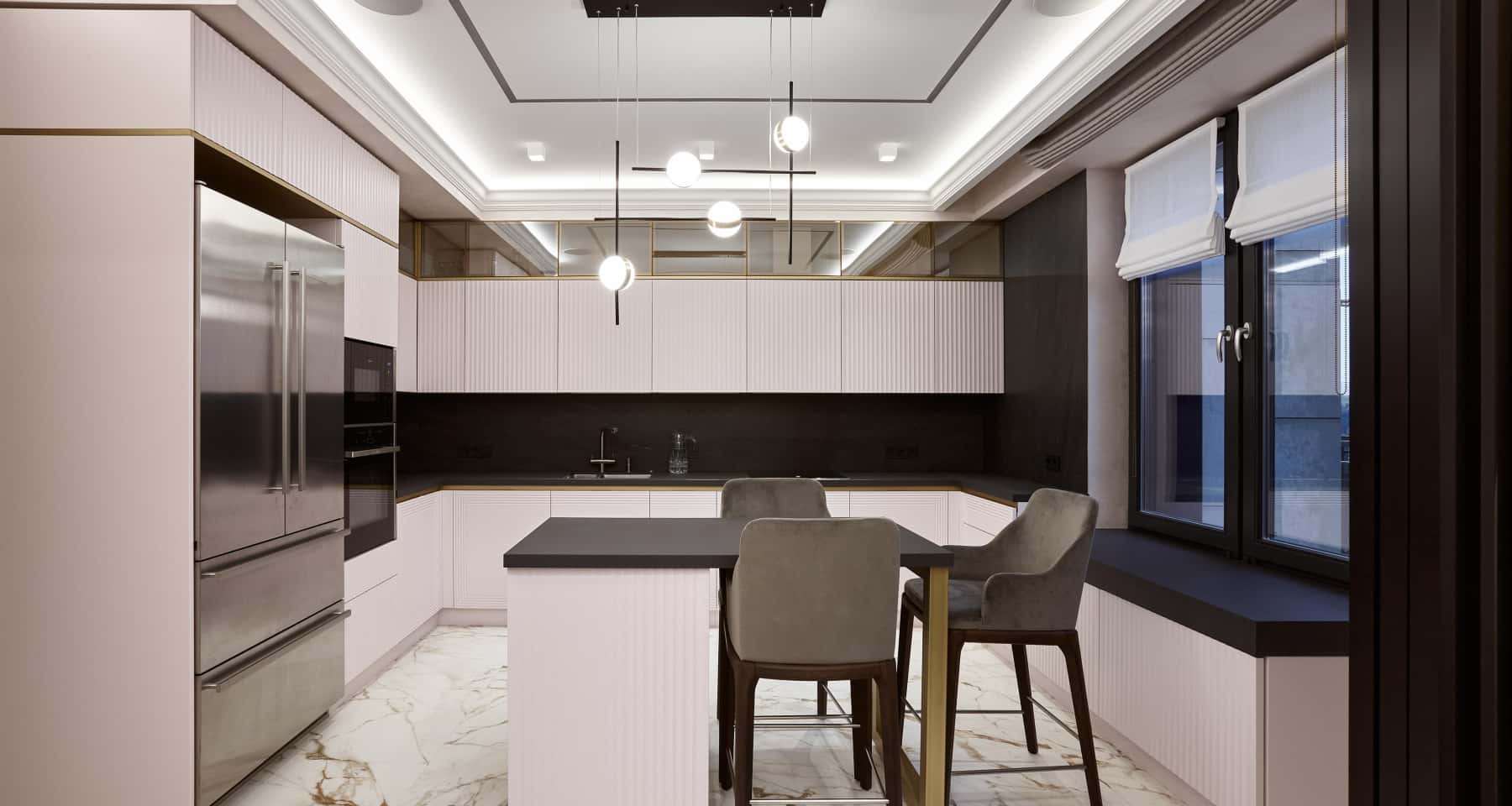 Eleganckie czarne wnętrze z drewnianą podłogą i miękkimi tekstyliami.