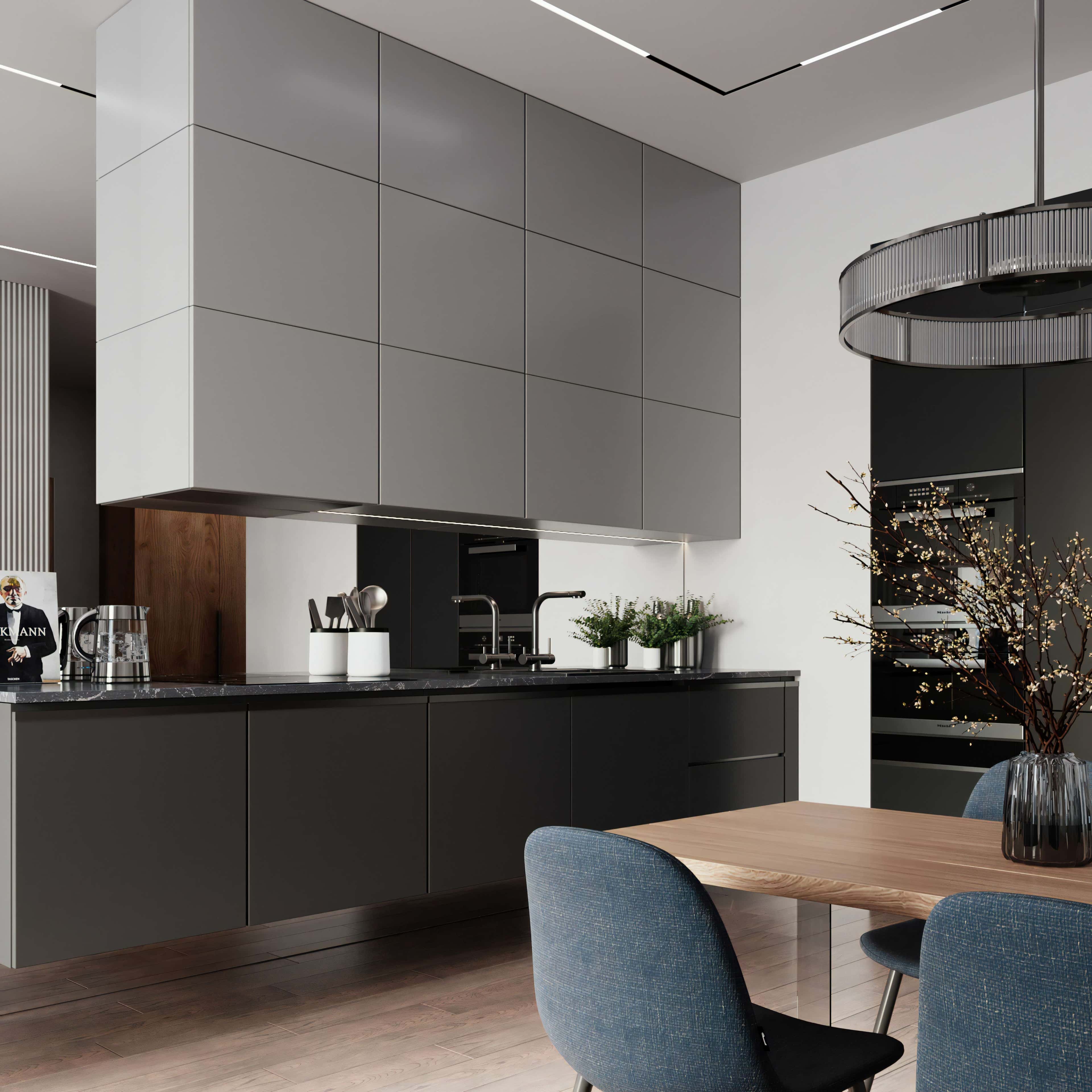 Przestronne czarne wnętrze z betonem architektonicznym i nastrojowym oświetleniem LED