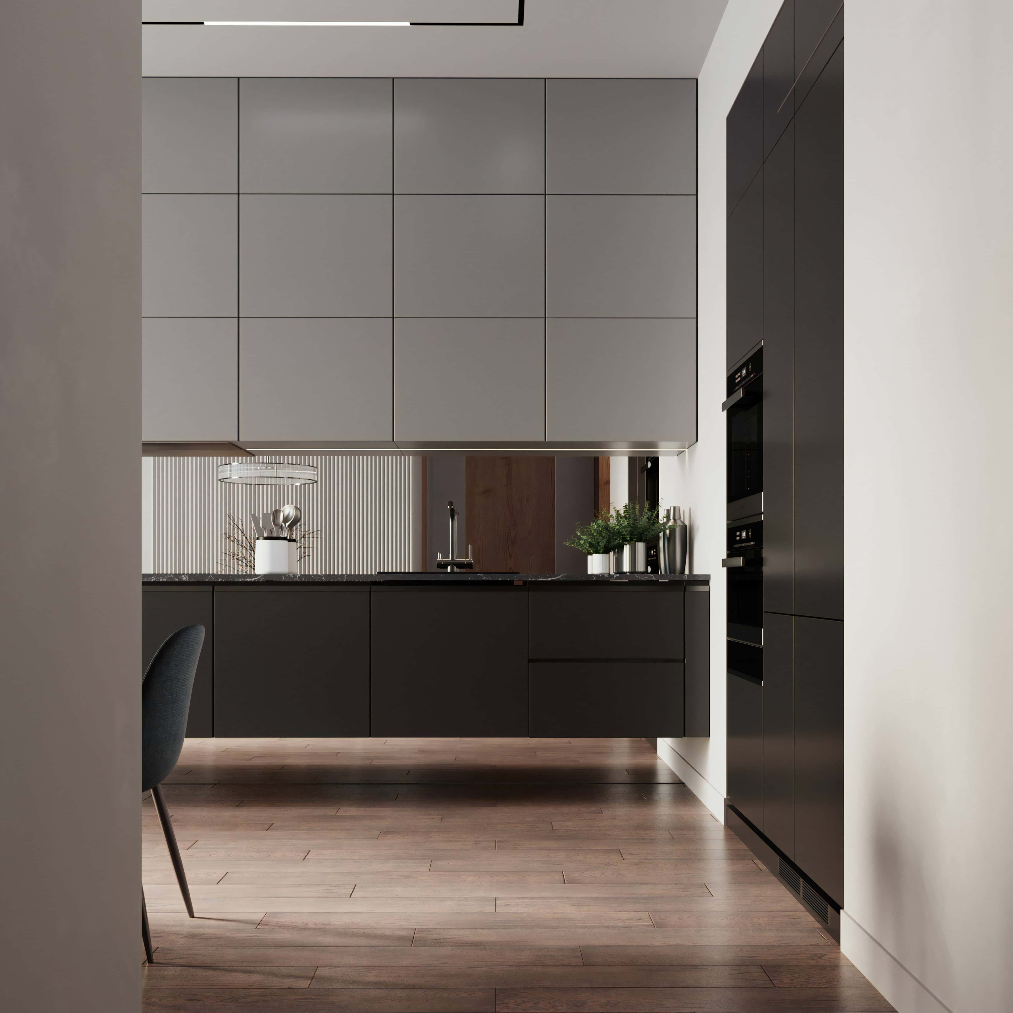 Nowoczesny design: czarne wnętrze z betonem architektonicznym i inteligentnym oświetleniem