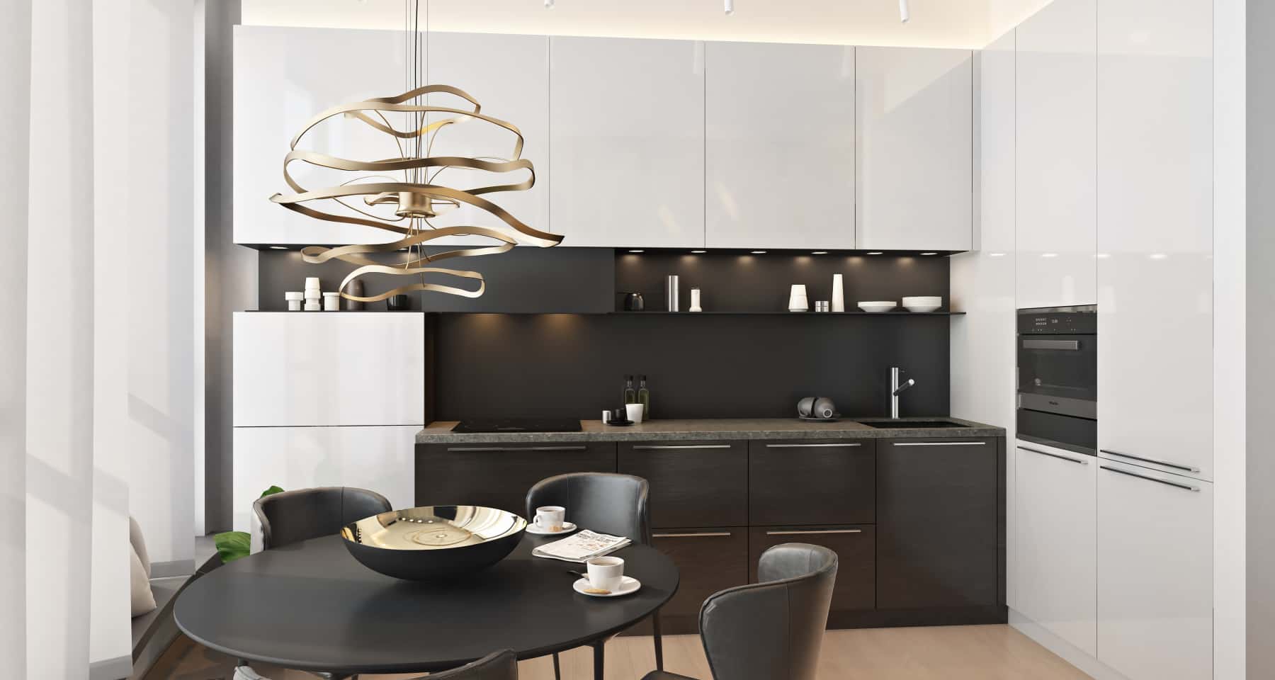 Nowoczesna kuchnia w czarnych kolorach z oświetleniem LED pod szafkami.