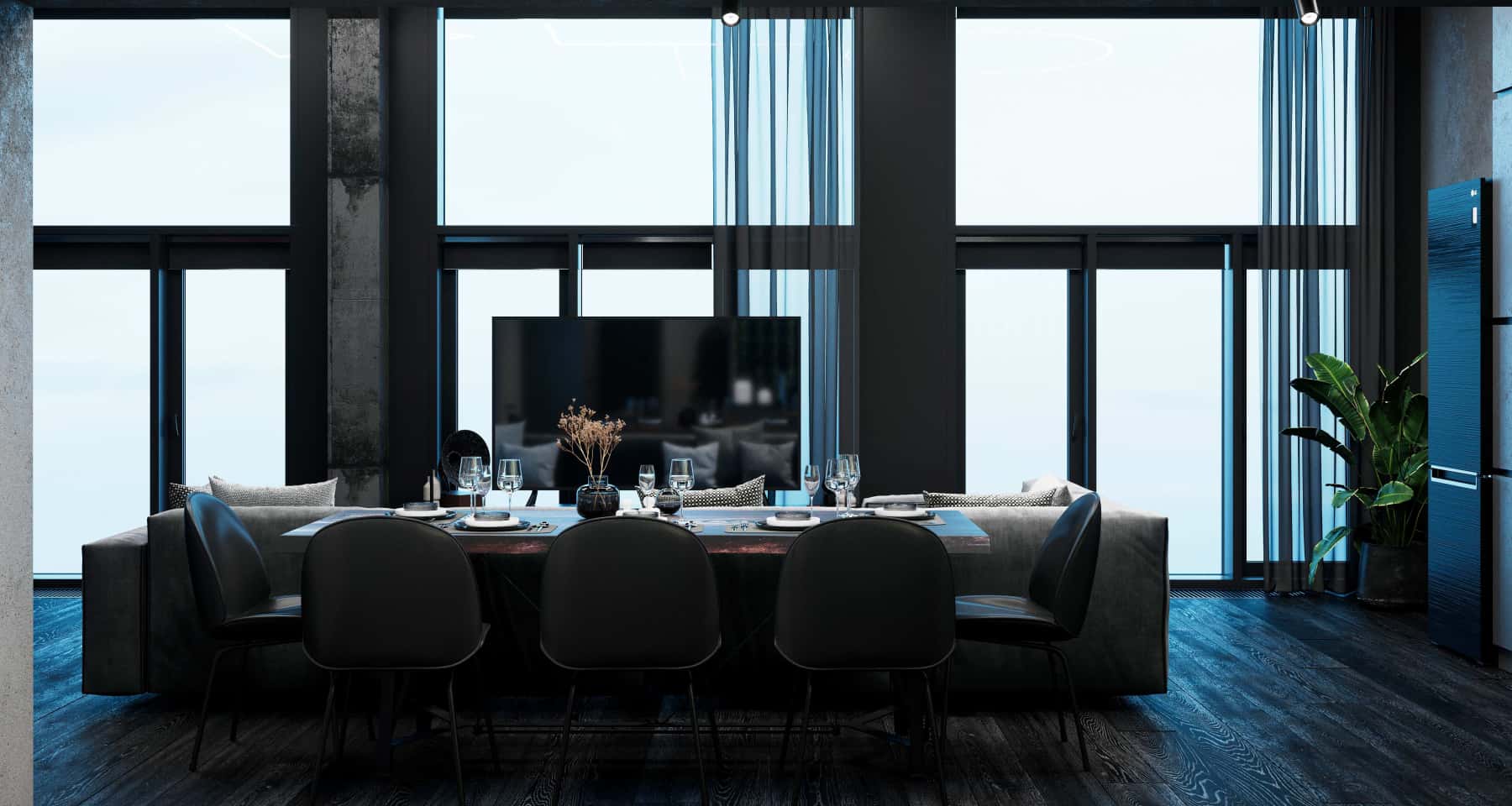 Inspiracje: czarne wnętrza mieszkań, loft męski z betonem i oświetleniem.