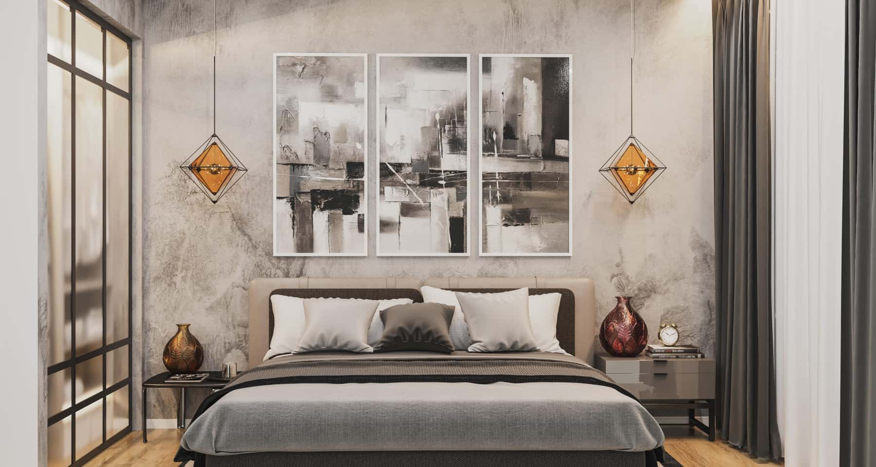 Szare wnętrza mieszkań 2026: jadalnia z szarymi krzesłami i drewnianym stołem w stylu skandynawskim.