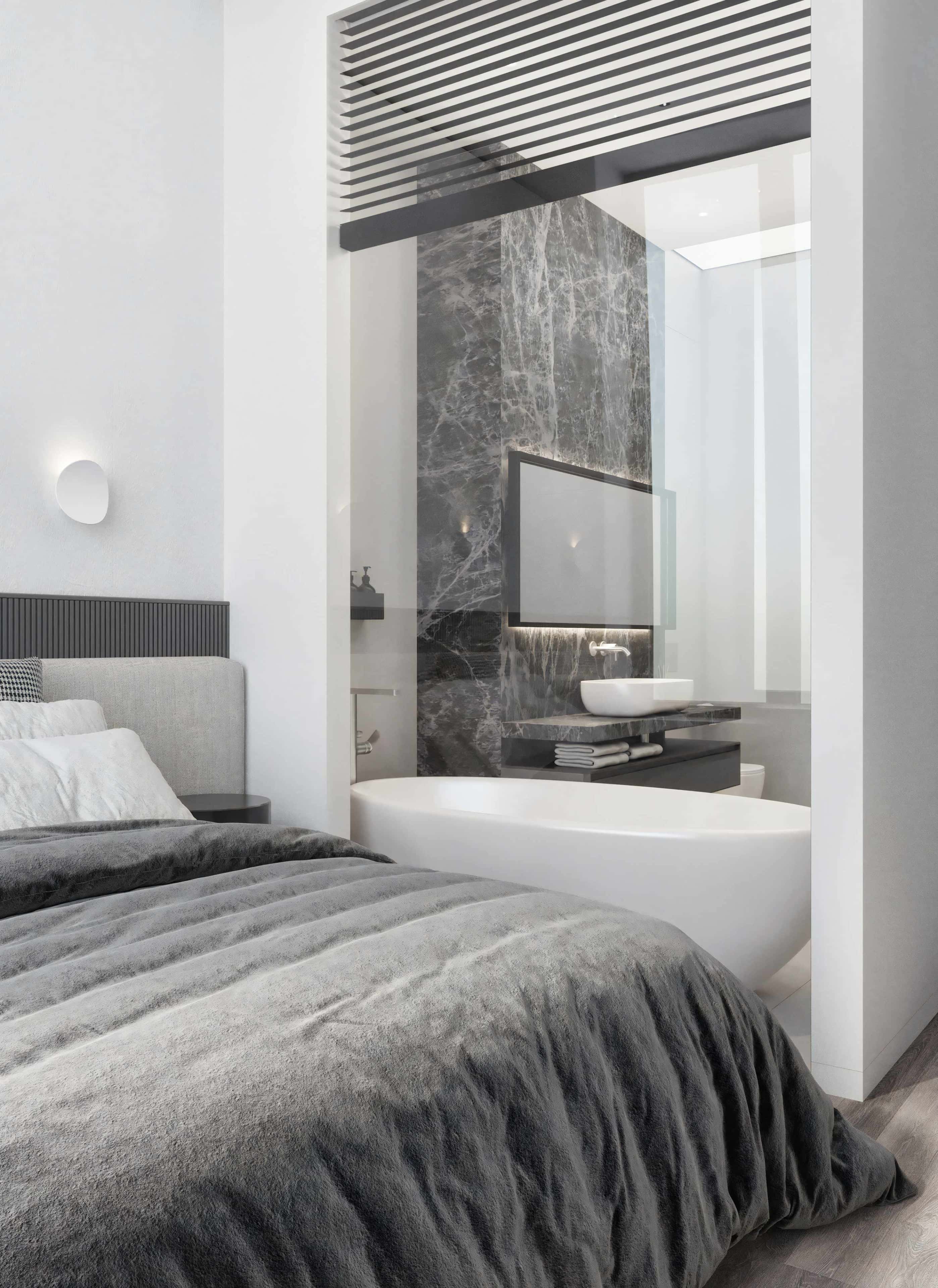 Szare wnętrza mieszkań 2026: biuro z szarym biurkiem i ergonomicznym krzesłem.