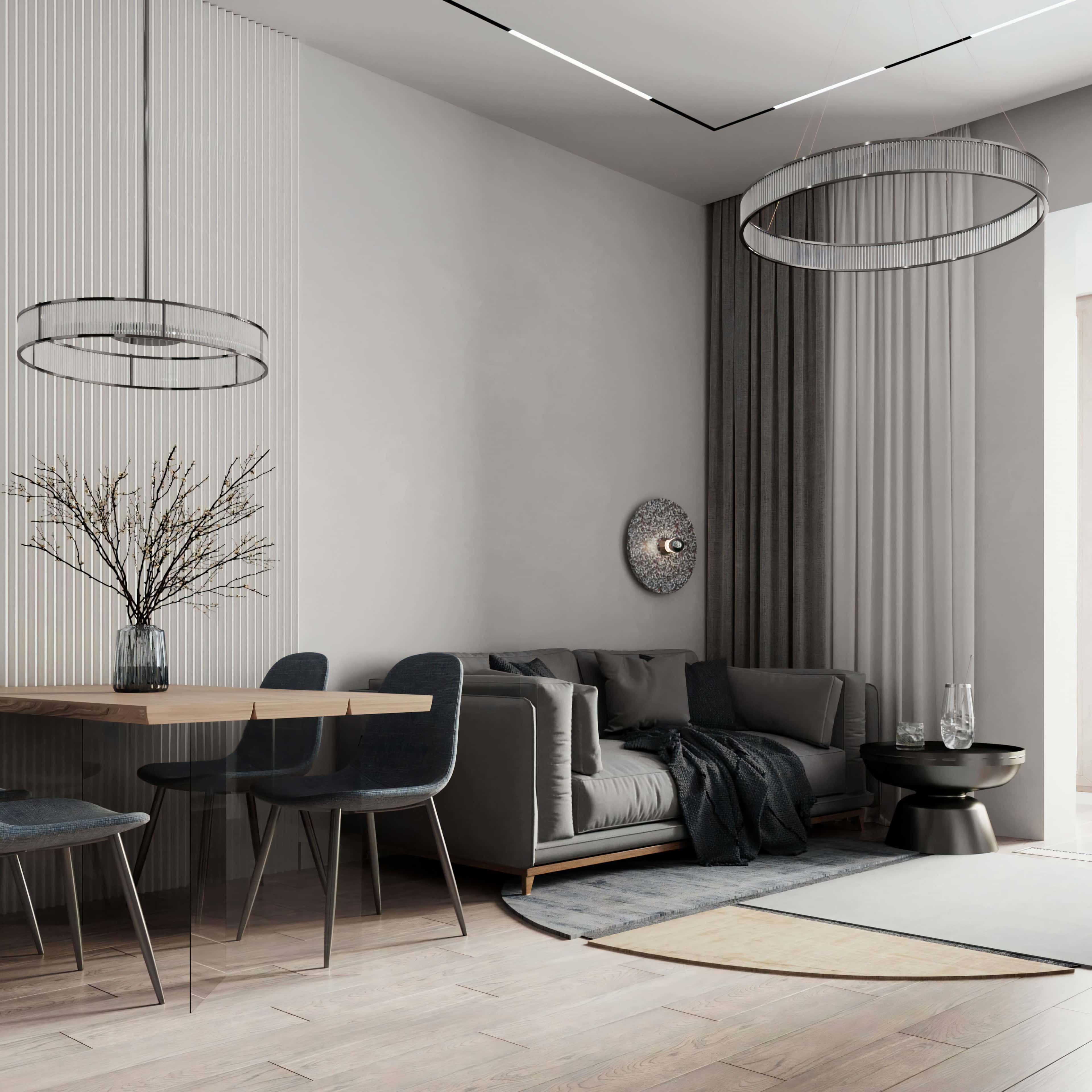 Szare wnętrze małego mieszkania 2026: optymalizacja przestrzeni z użyciem jasnych odcieni szarości.