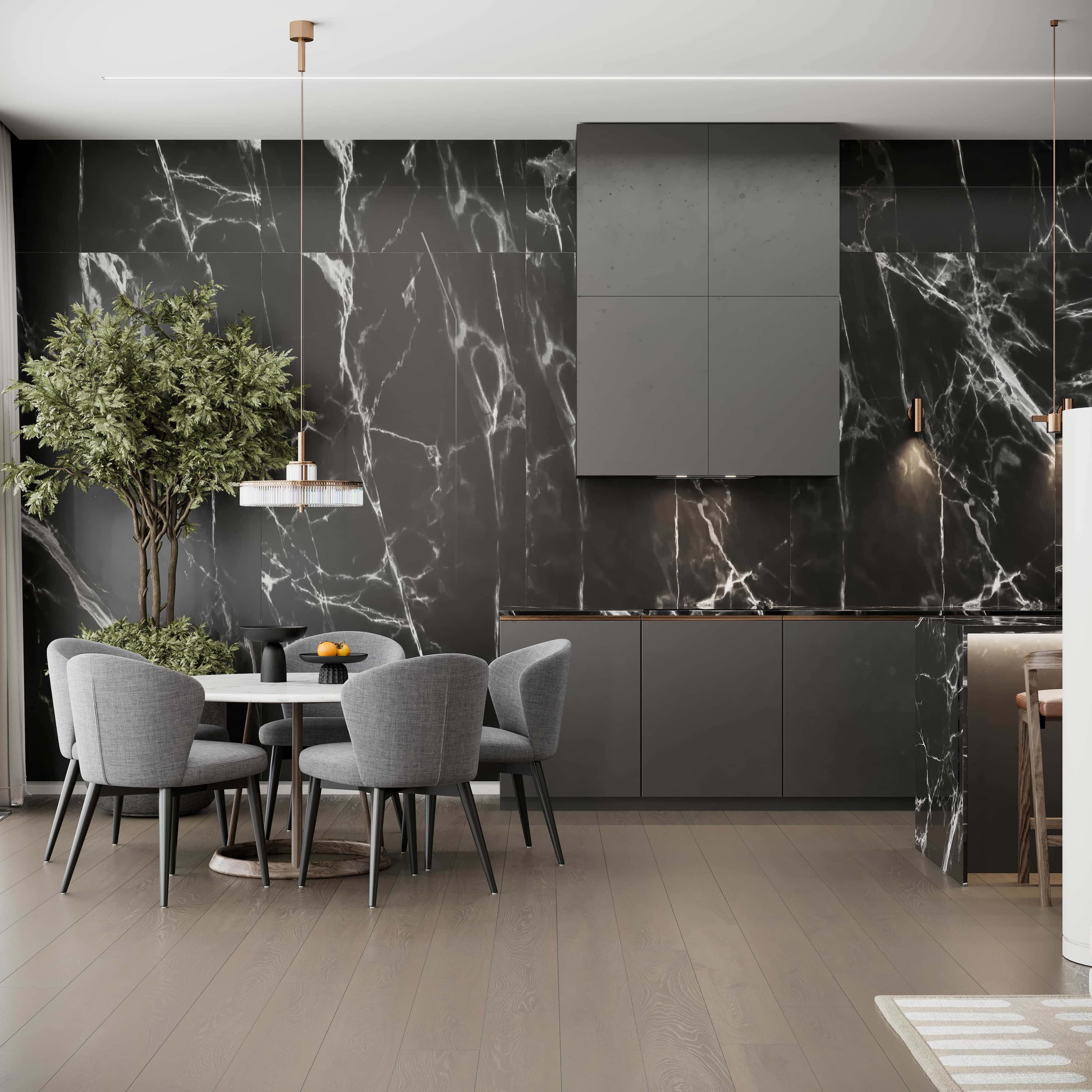 Szare wnętrze mieszkania 2026: Salon z szarą sofą, roślinami i naturalnym światłem.