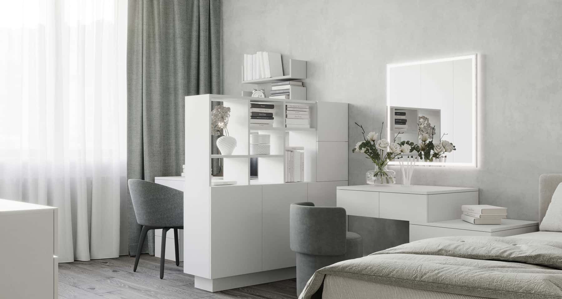 Szare wnętrze mieszkania 2026: sypialnia z szarą tapetą i elementami dekoracyjnymi w kolorze złota.