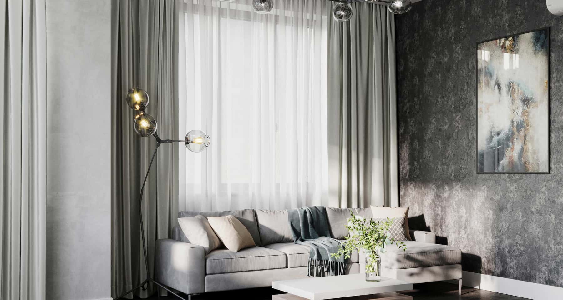 Szare wnętrze mieszkania 2026: kuchnia w loftowym stylu z szarymi szafkami i ceglaną ścianą.