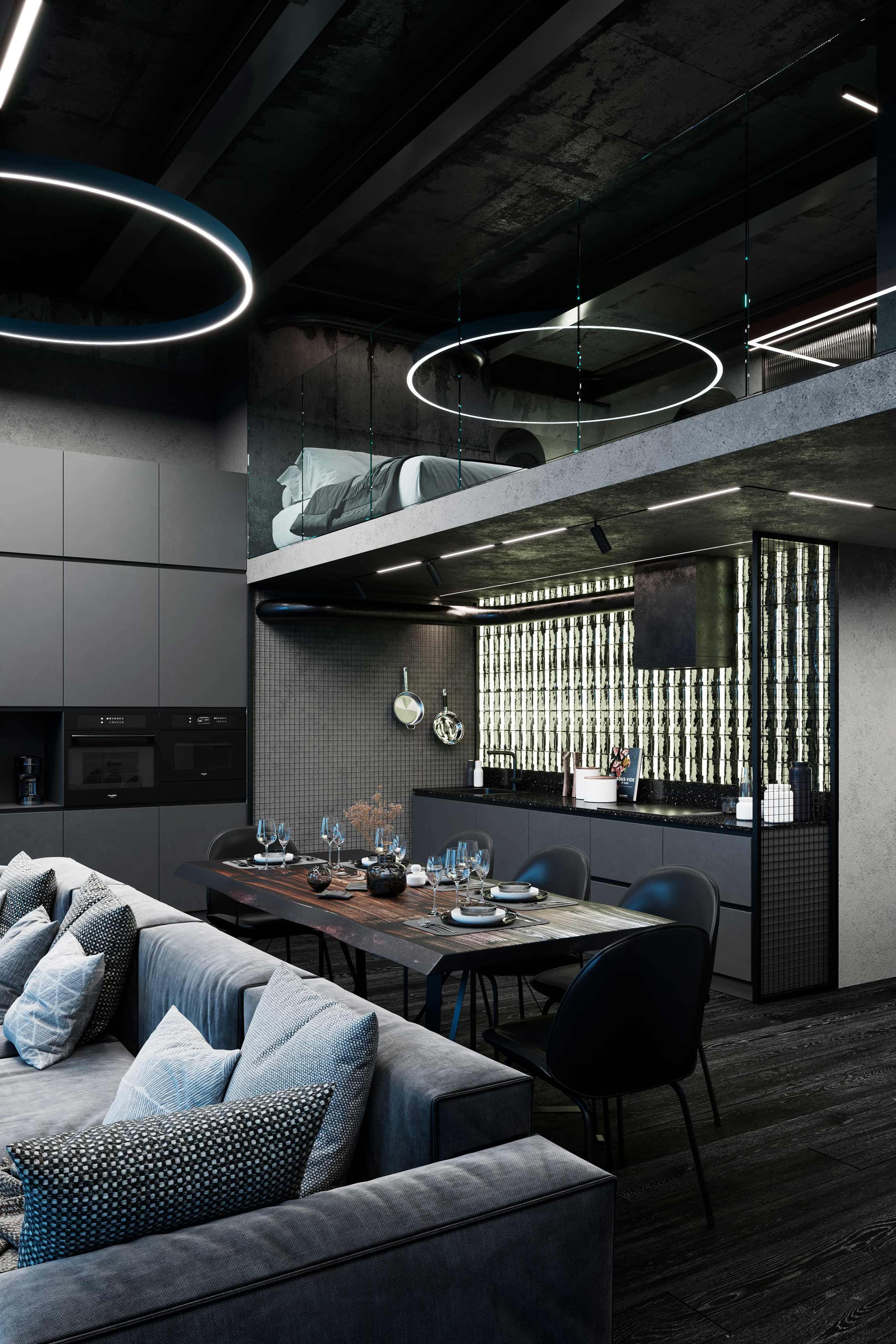 Szare wnętrze mieszkania 2026: Małe mieszkanie z szarą kuchnią i jadalnią.